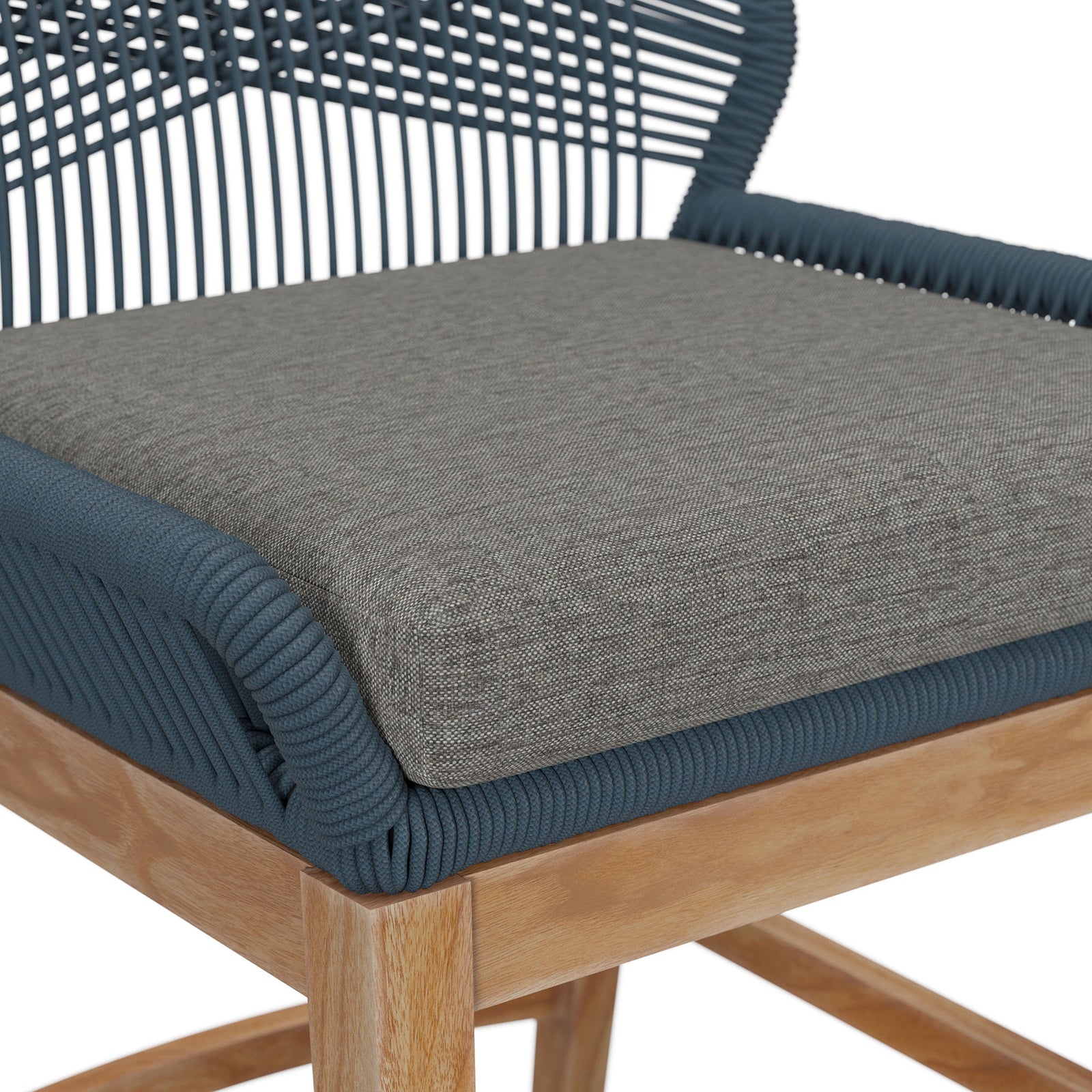 Gray performance cushion resting on a tightly woven blue rope frame for lasting comfort at the counter. || EEI-7126-BLU-GPH || detail_studio