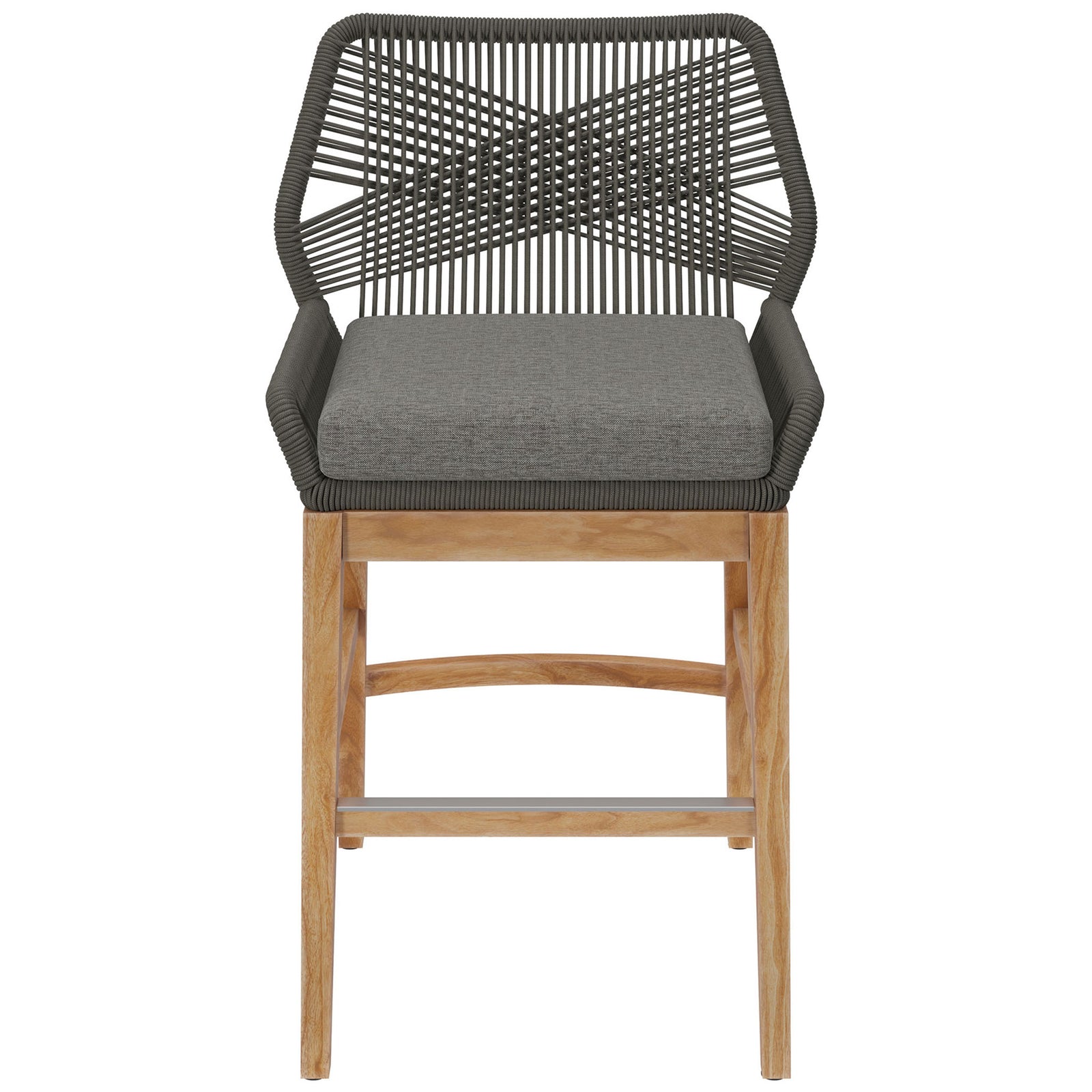 Wellspring gray graphite counter stool with supportive rope back, thick gray cushion, and warm teak base. || EEI-7126-GRY-GPH || front_studio