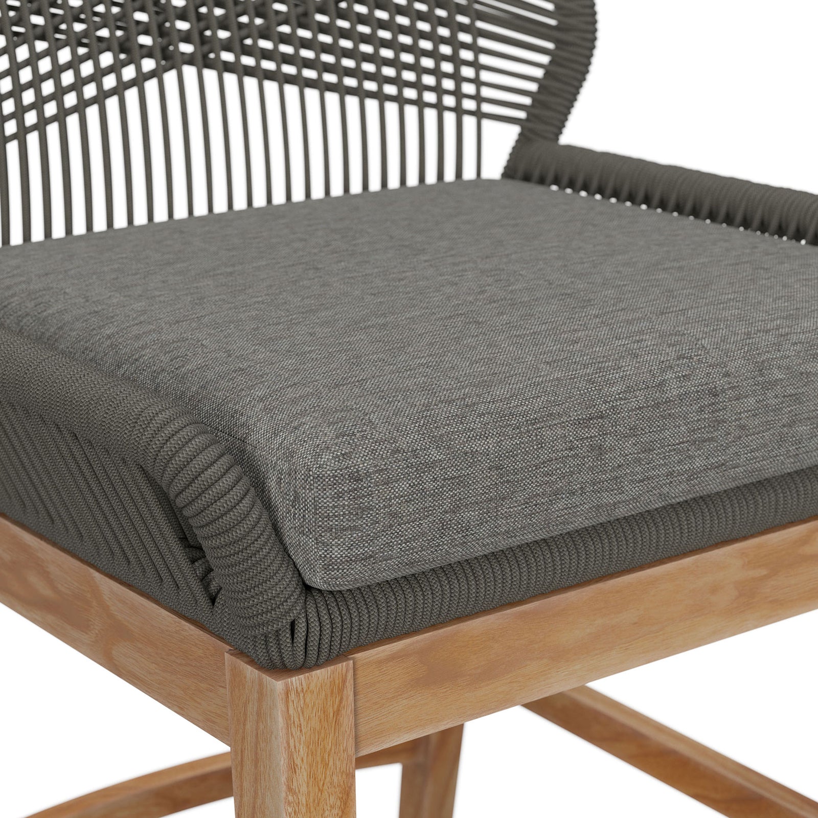 Textured gray cushion resting on a tightly braided graphite rope frame for everyday counter seating comfort. || EEI-7126-GRY-GPH || detail_studio