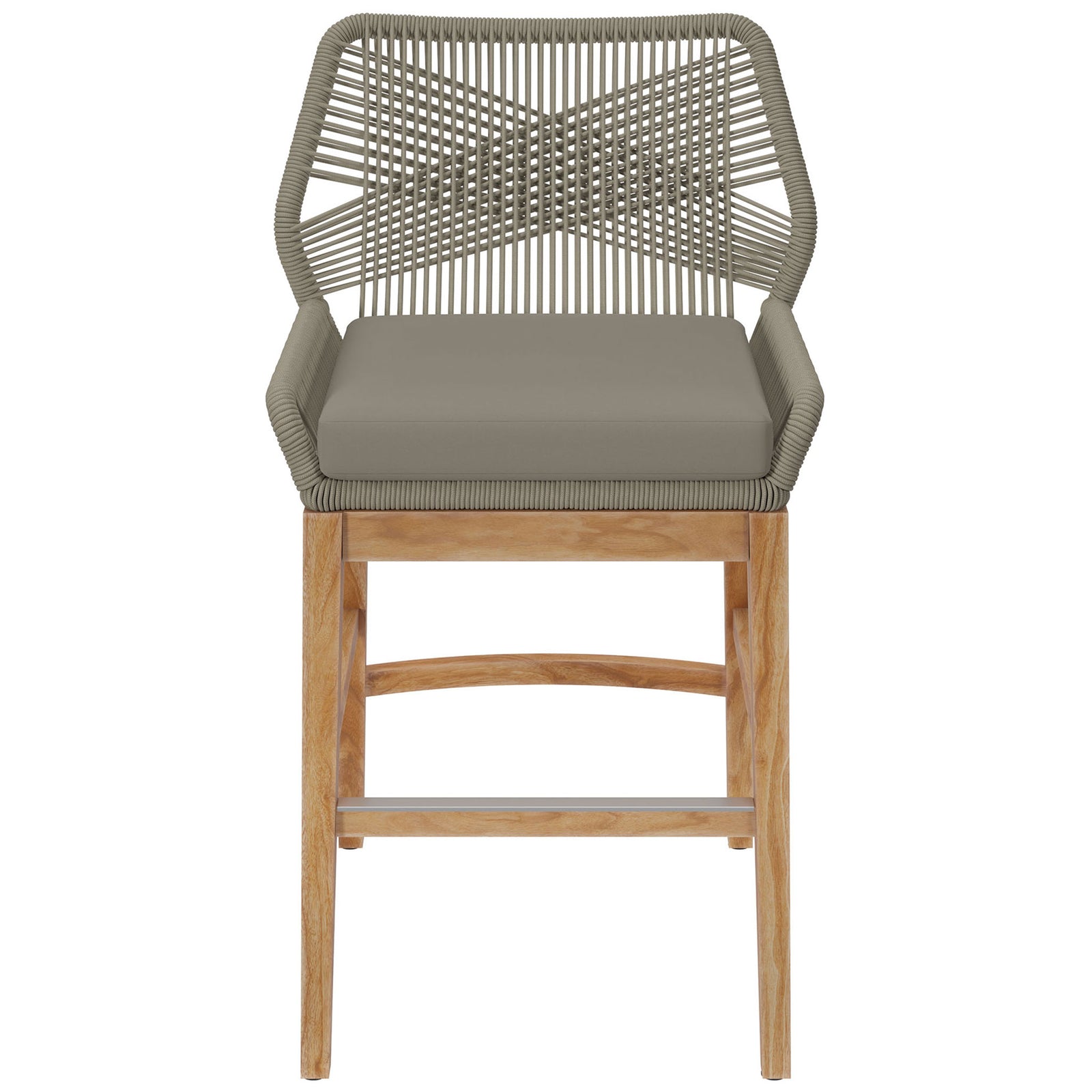 Wellspring light gray greige counter stool with supportive rope backrest, soft cushion, and natural teak base. || EEI-7126-LGR-GRG || front_studio
