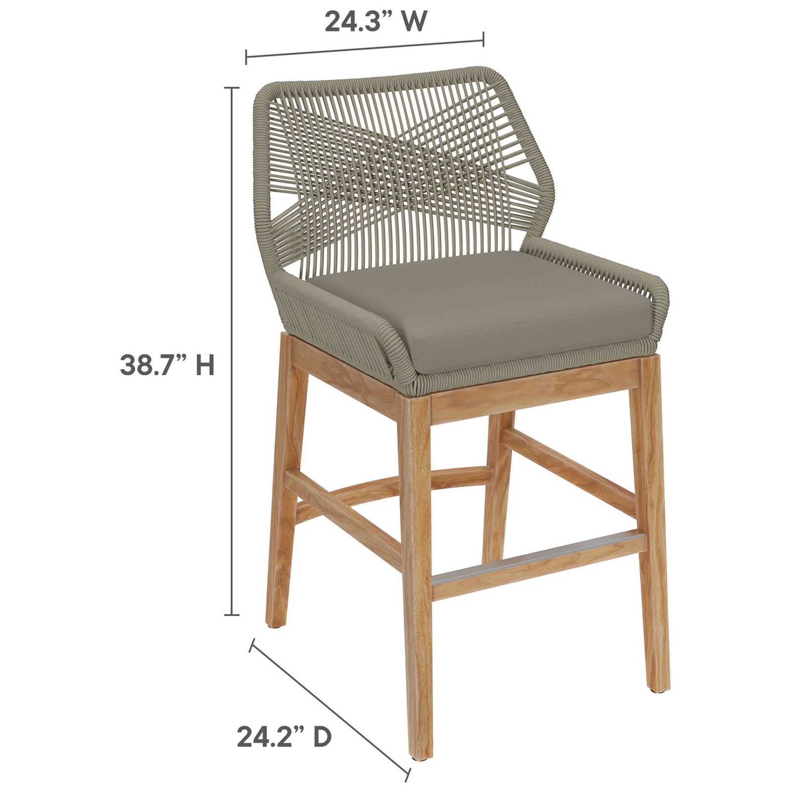 Light gray greige counter stool with rope backrest and cushion, presented with detailed height, width, and depth. || EEI-7126-LGR-GRG || dimension_studio