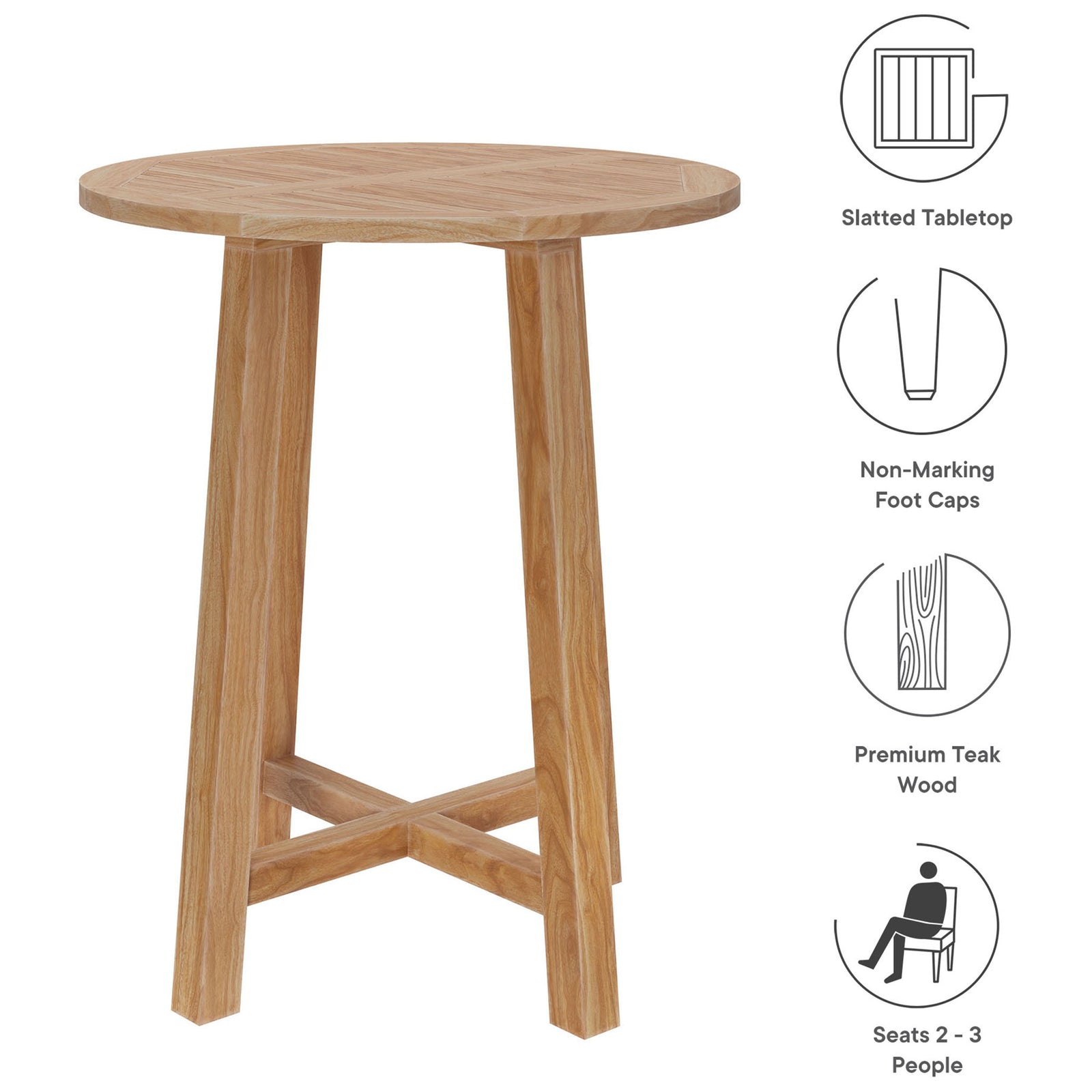 Feature highlights of the Wellspring teak bar table including slatted top, non-marking feet, and seating for three || EEI-7127-NAT || callout_studio