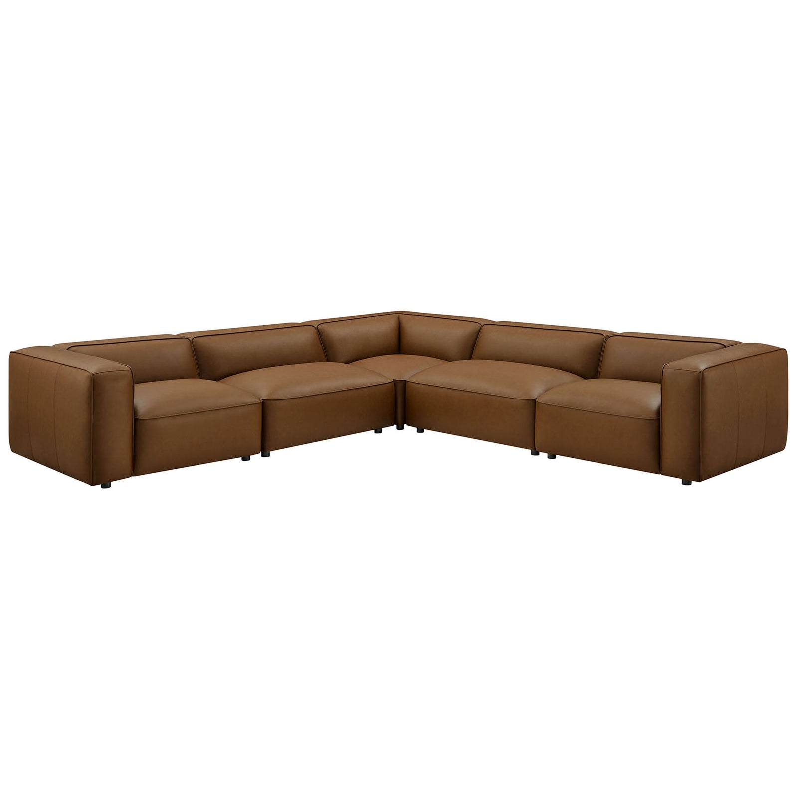 Coffee vegan leather modular L-shaped sectional sofa with plush cushions and modern block arms || EEI-7129-COF || front_angle_studio