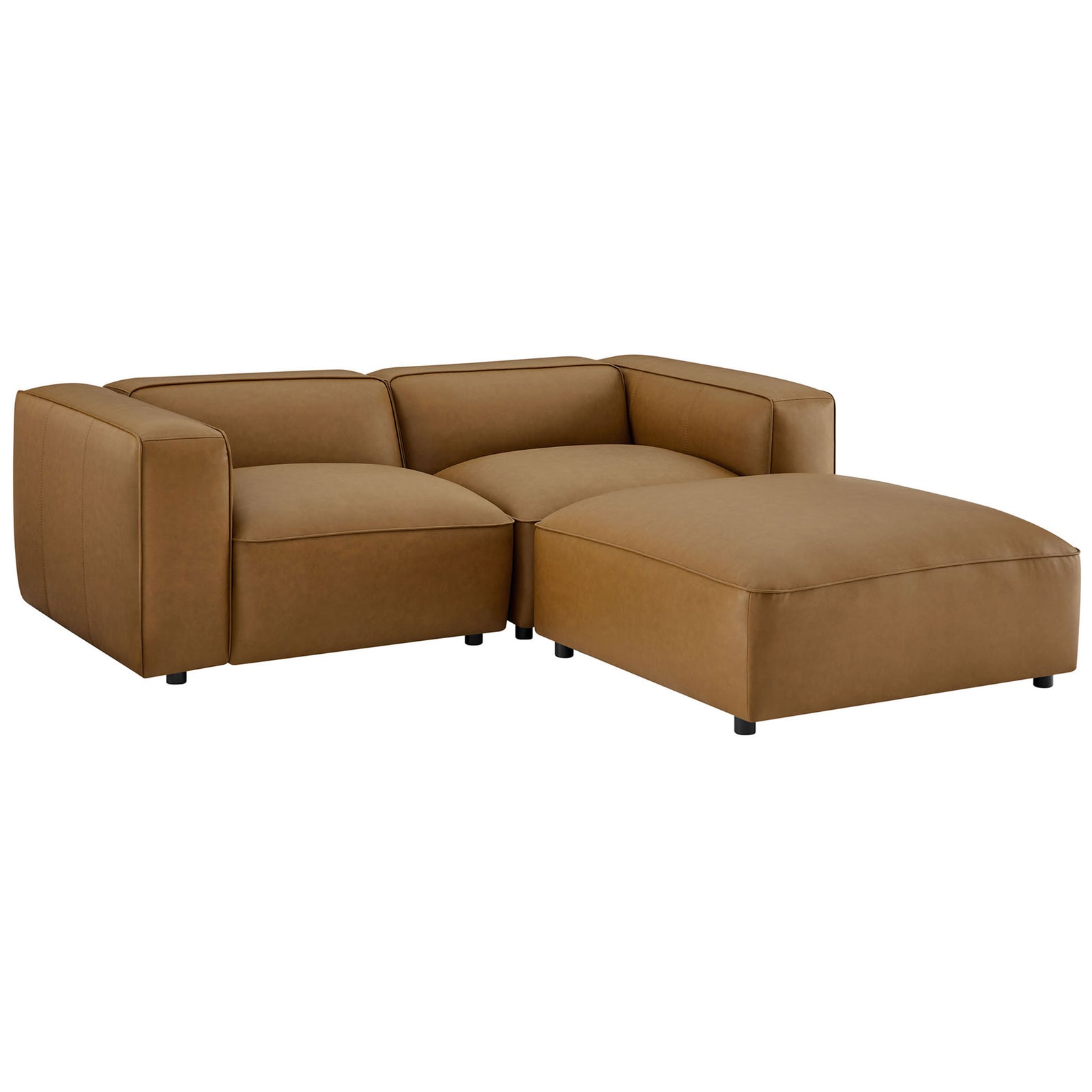 Camel vegan leather modular loveseat with ottoman and wide arms || EEI-7130-CAM || front_angle_studio