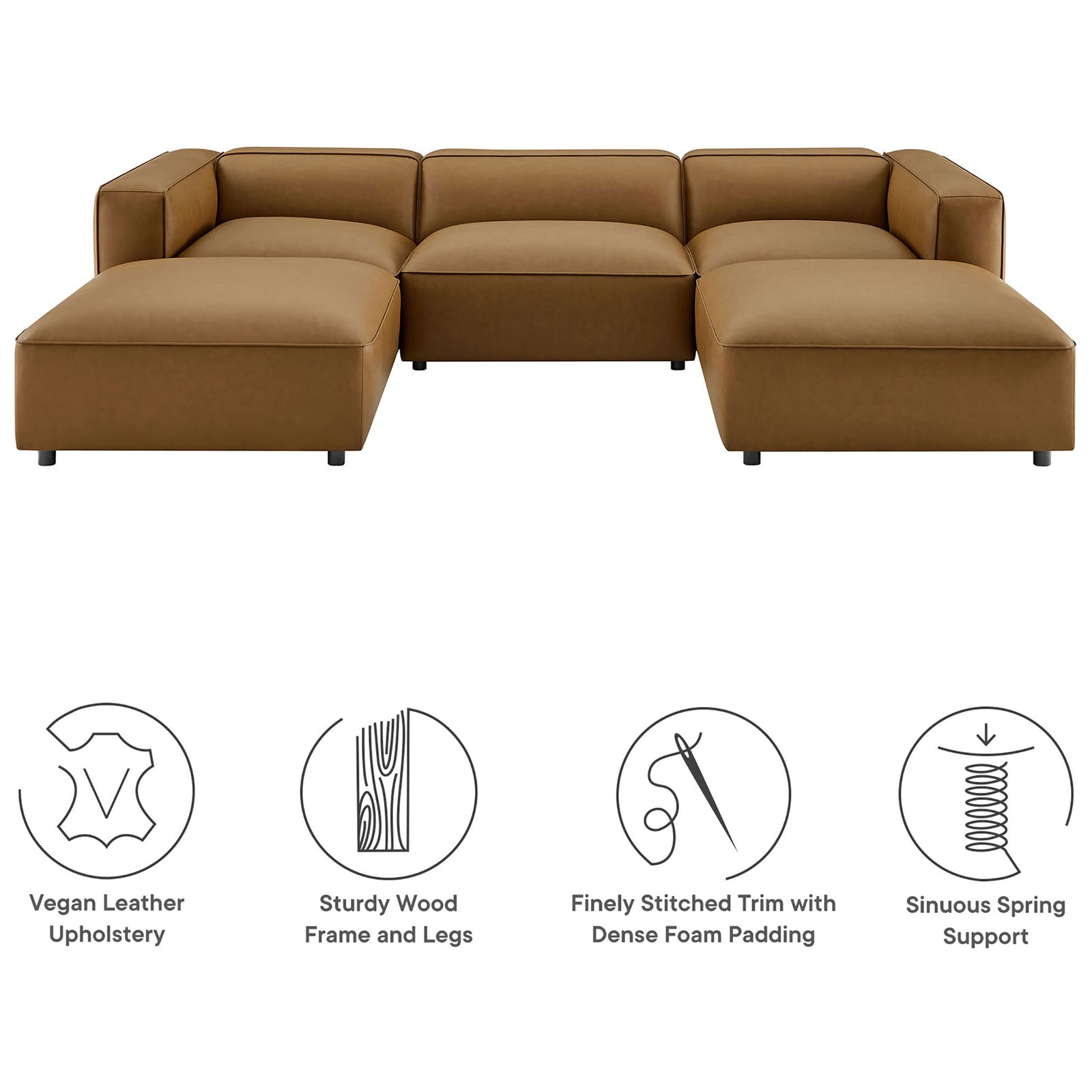 Camel vegan leather modular sectional with dense foam cushions, sturdy wood frame, and supportive sinuous springs || EEI-7131-CAM || callout_studio