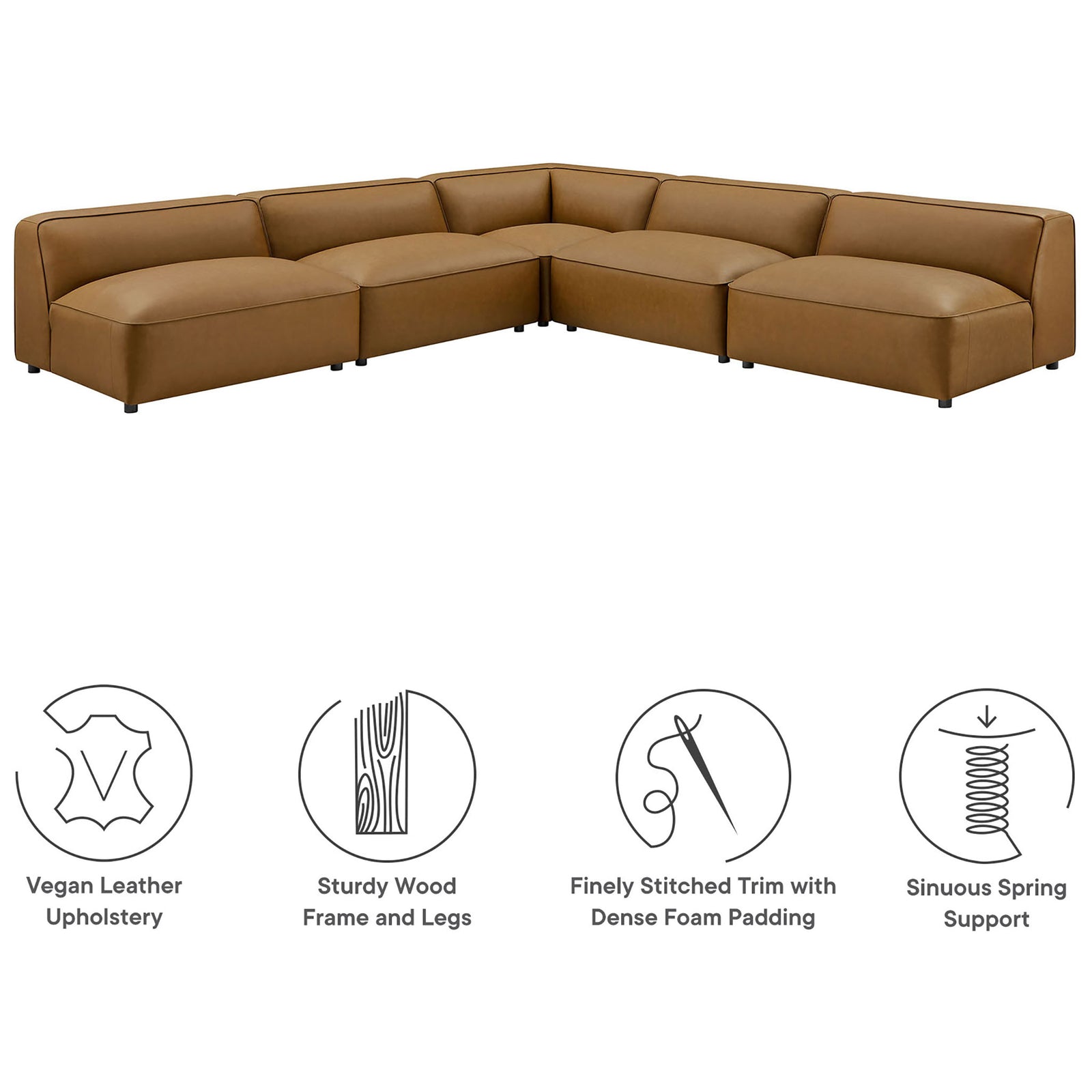 Camel vegan leather modular sectional with icons calling out supportive springs, dense foam, and sturdy frame || EEI-7133-CAM || callout_studio