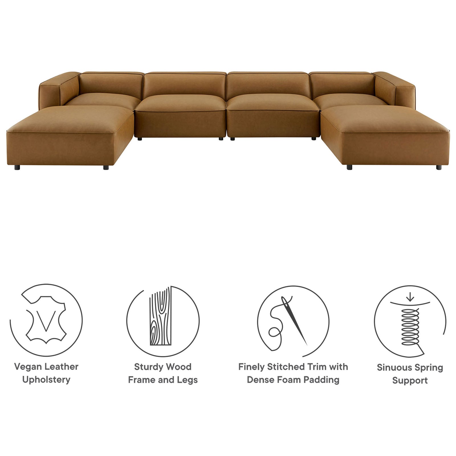 Camel vegan leather modular sectional with icons highlighting wood frame, foam padding, and spring support || EEI-7134-CAM || callout_studio
