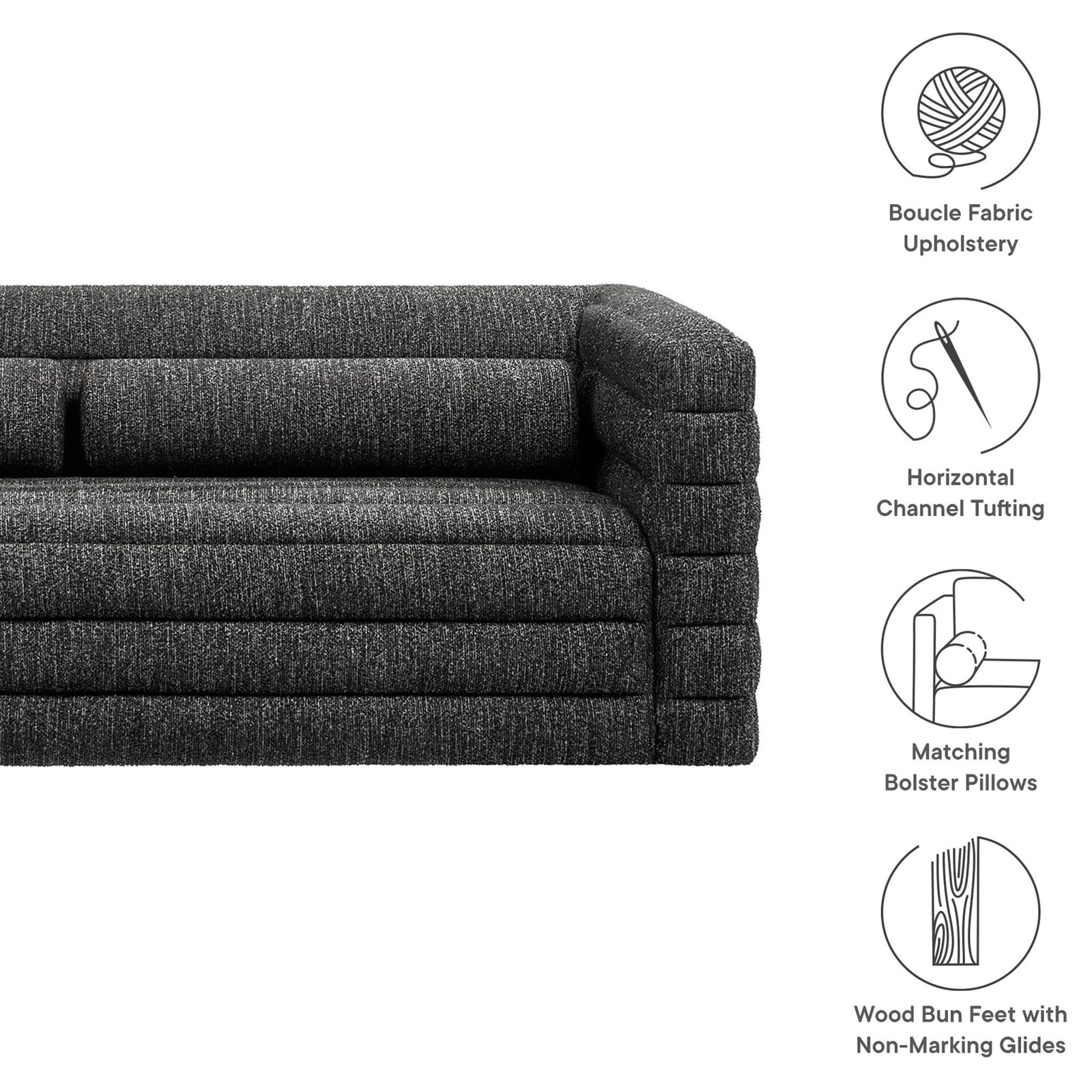 Feature highlights of the Relle boucle sofa include channel tufting, bolster pillows, and wood bun feet || EEI-7136-CHA || callout_studio