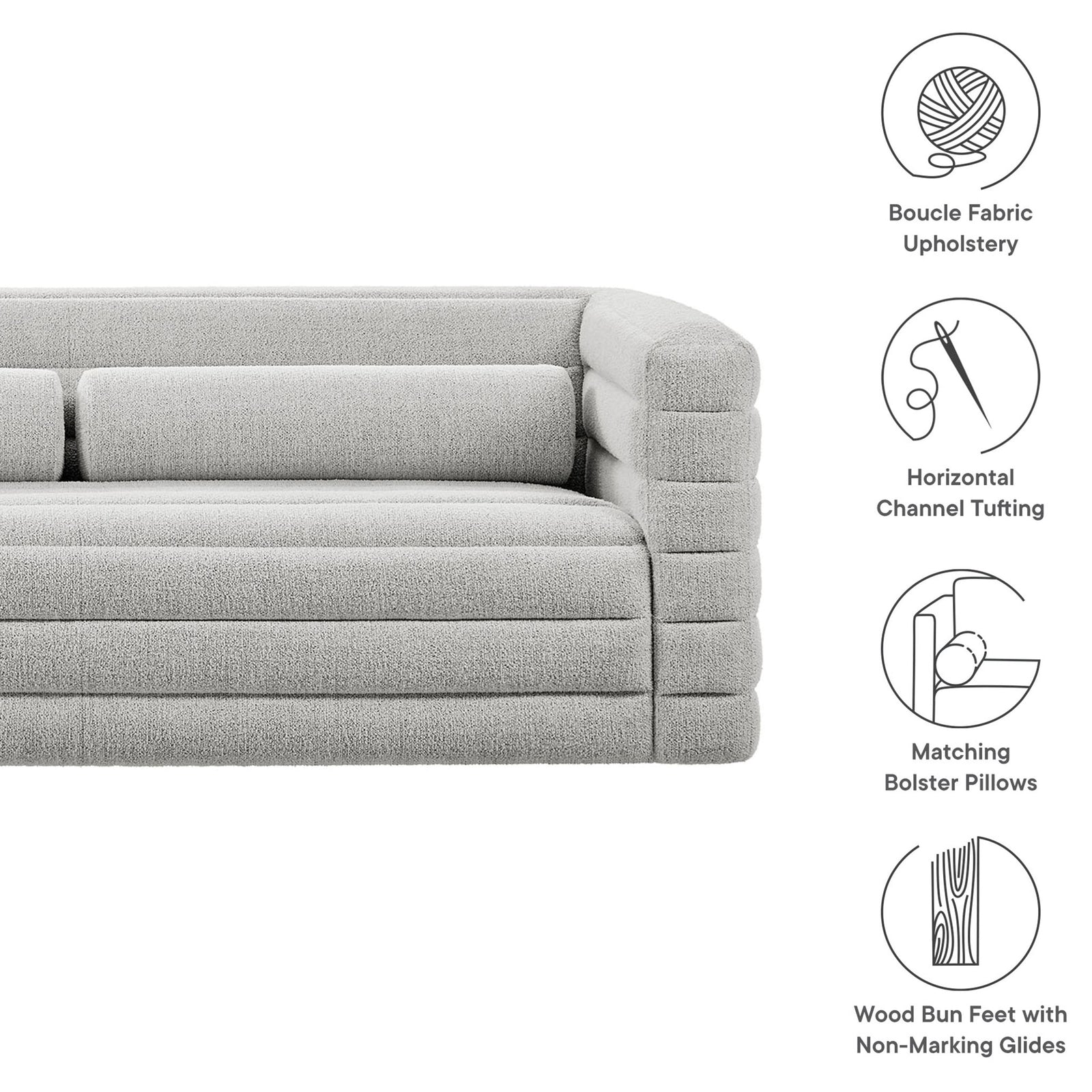 Relle boucle sofa with overlay icons highlighting boucle upholstery, channel tufting, bolster pillows, and wood bun feet || EEI-7136-NPT || callout_studio