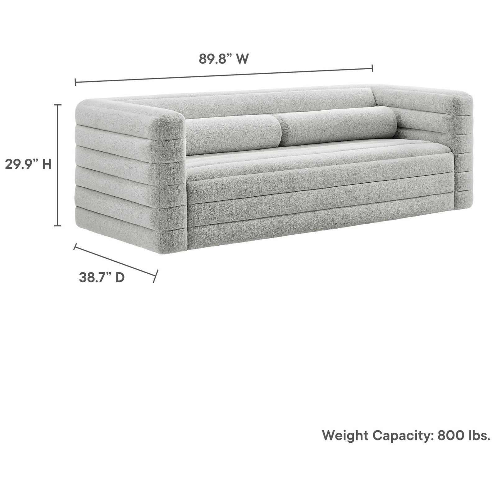 Dimension graphic of the Relle boucle sofa showing width, depth, height measurements and 800 pound weight capacity || EEI-7136-NPT || dimension_studio