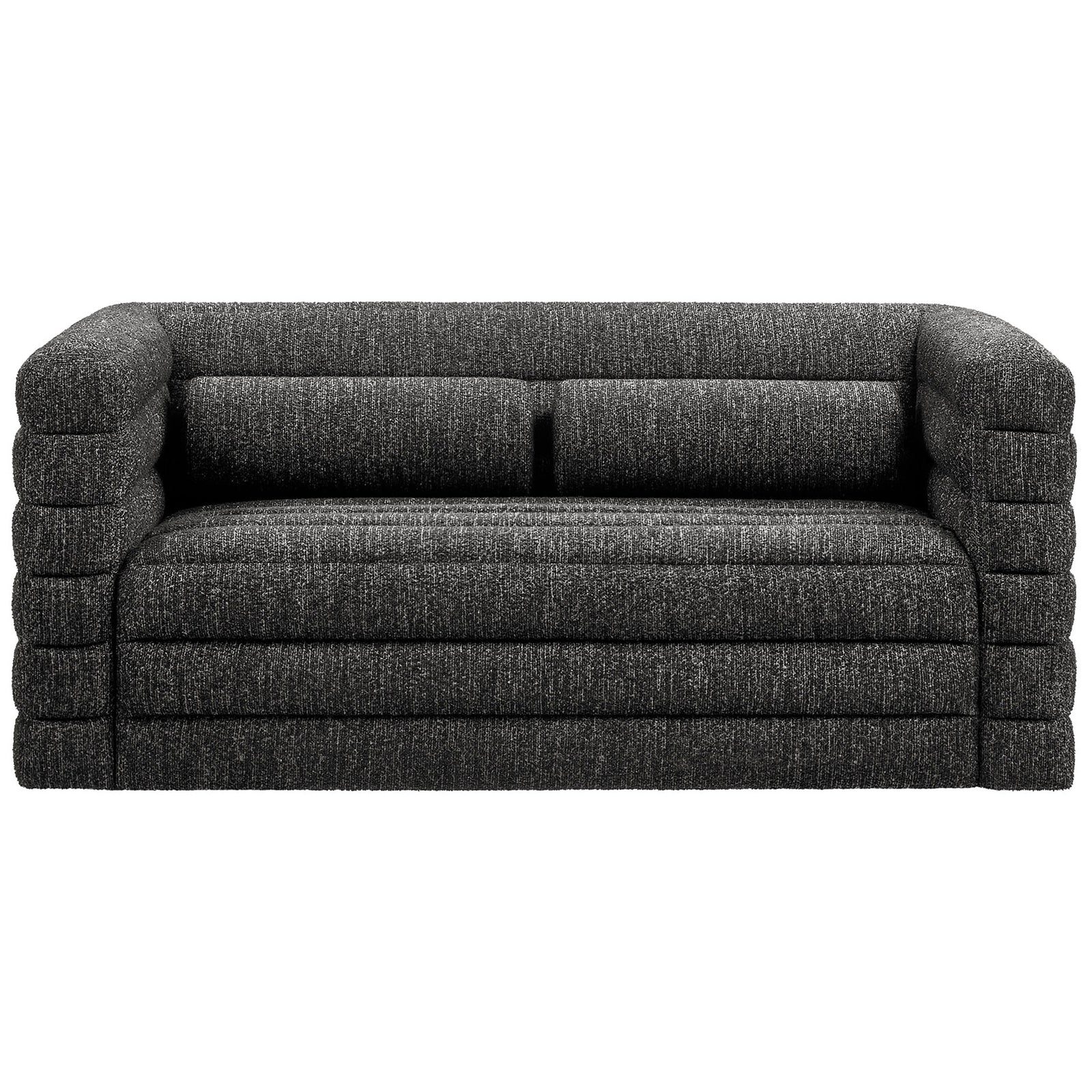 Charcoal boucle loveseat with deep channel tufting and plush bolster cushions || EEI-7137-CHA || front_studio