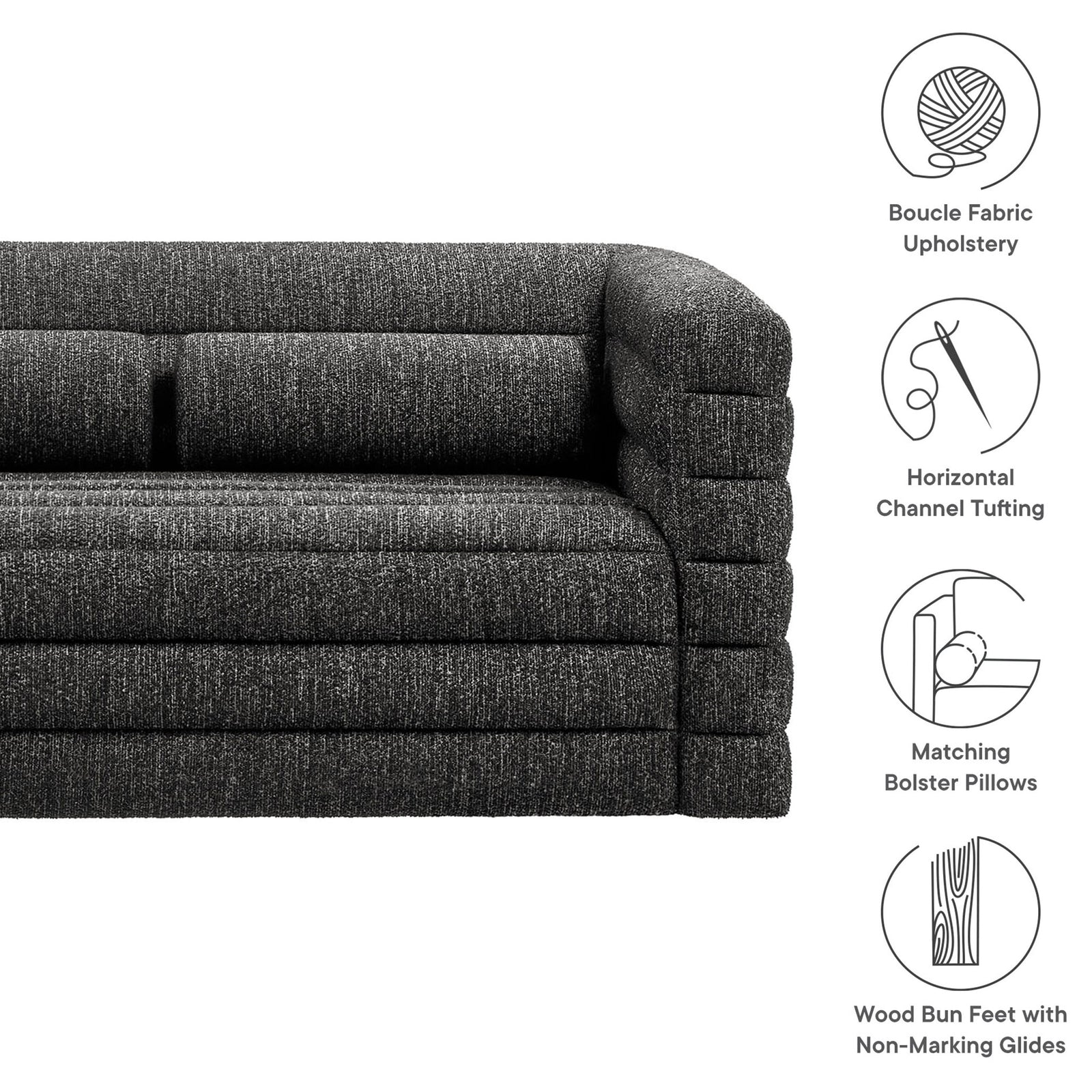 Feature highlights of the boucle loveseat including channel tufting and bolster pillows || EEI-7137-CHA || callout_studio