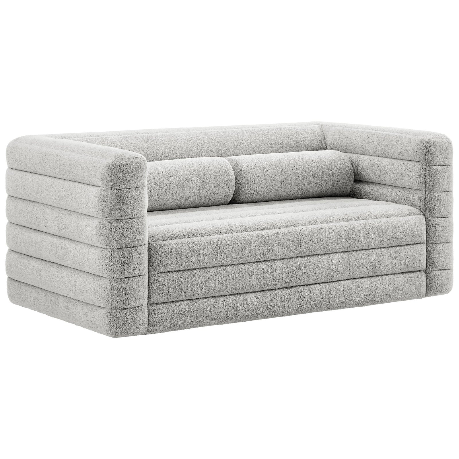 Channel-tufted Relle loveseat wrapped in textured boucle, featuring low track arms and two cylindrical bolsters. || EEI-7137-NPT || front_angle_studio
