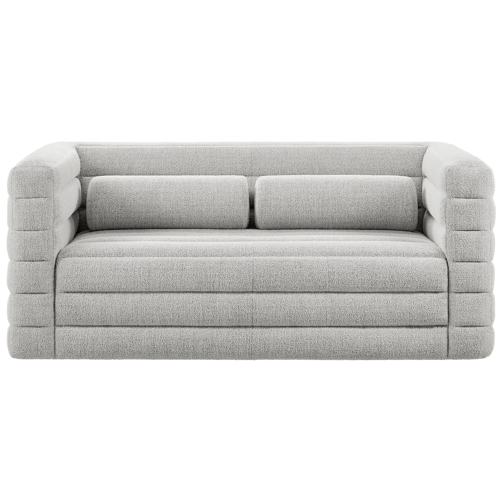 Relle loveseat in soft newsprint boucle with full channel tufting and matching bolster pillows for modern comfort. || EEI-7137-NPT || front_studio
