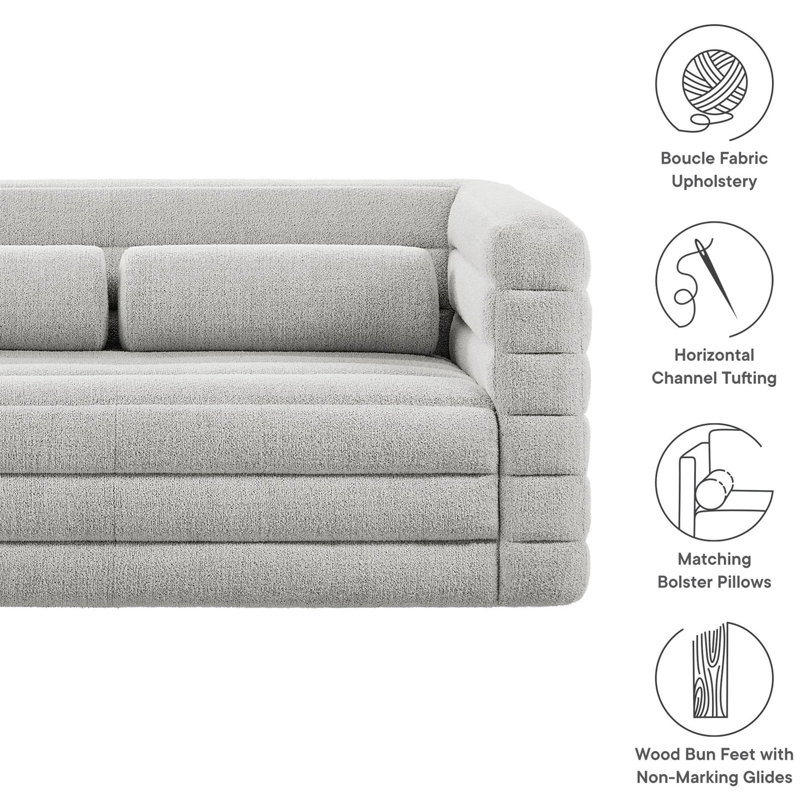 Relle loveseat with graphic callouts highlighting boucle upholstery, channel tufting, bolster pillows, and bun feet. || EEI-7137-NPT || callout_studio
