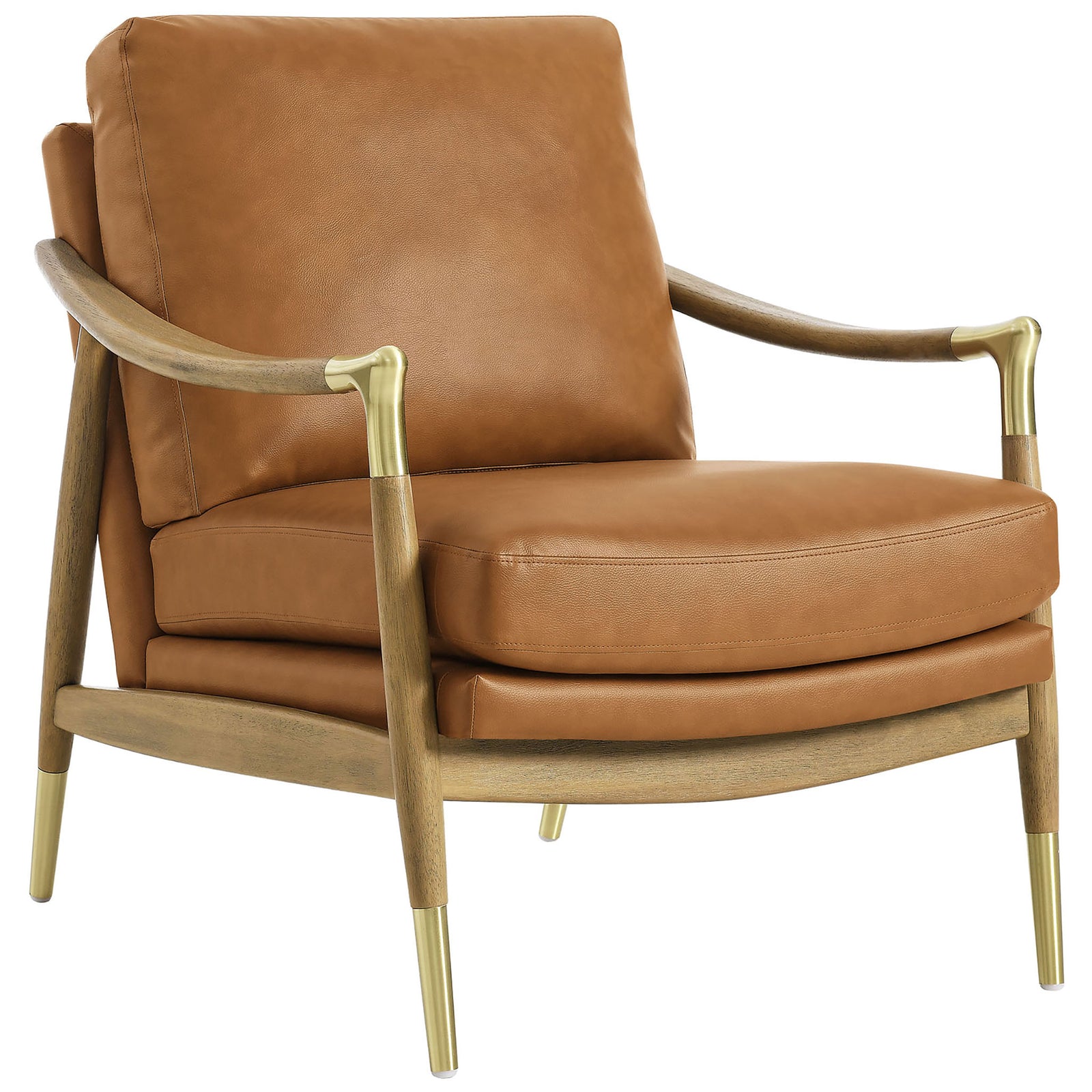Mid-century armchair in tan vegan leather with swooped arms and supportive cushions over a walnut base || EEI-7138-TAN-WAL || front_angle_studio