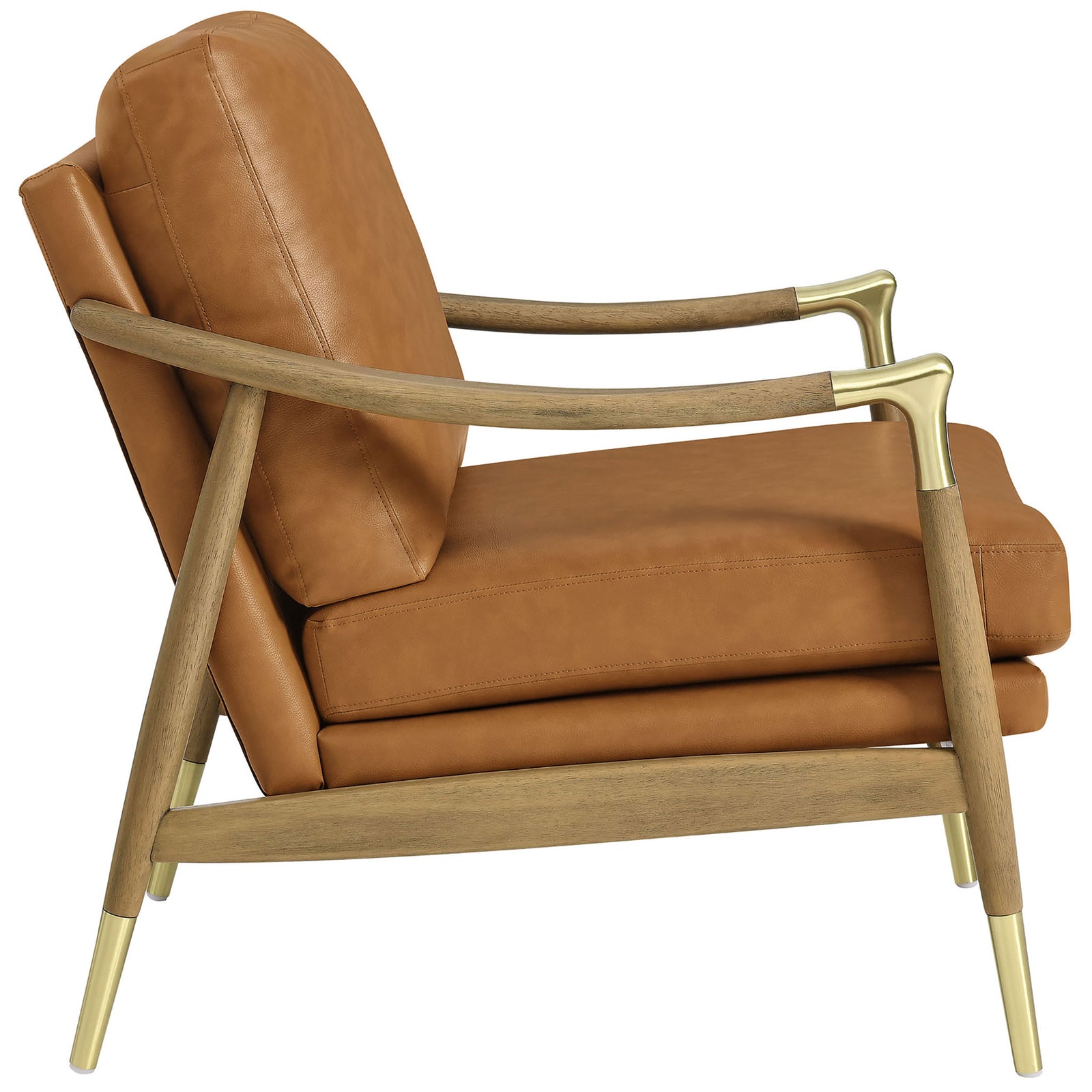 Streamlined profile with sculpted wood arms, brass accents, and thick seat and back cushions || EEI-7138-TAN-WAL || side_studio
