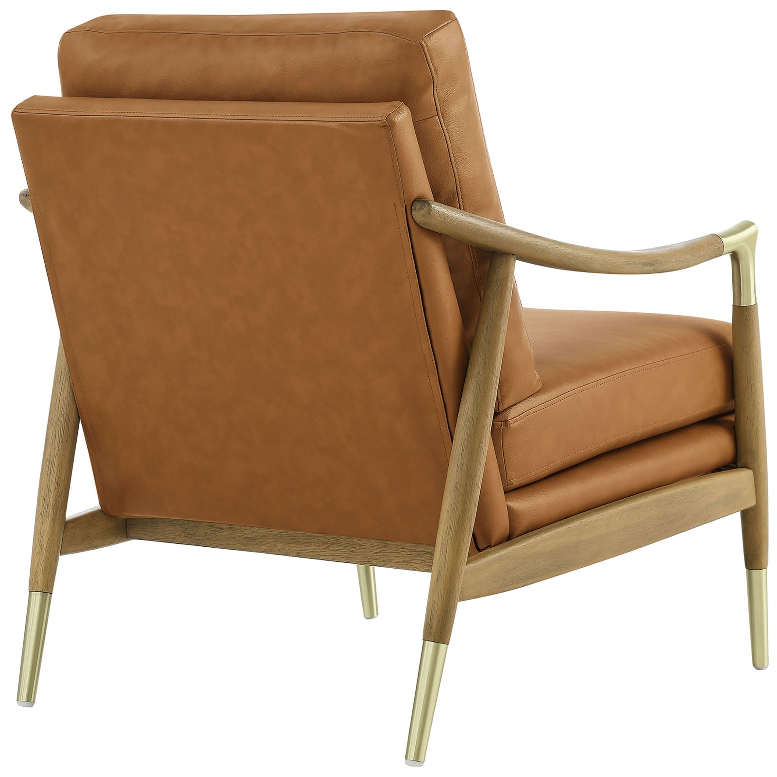 Tapered legs and a contoured frame showcase warm walnut tones and tailored vegan leather upholstery || EEI-7138-TAN-WAL || back_angle_studio