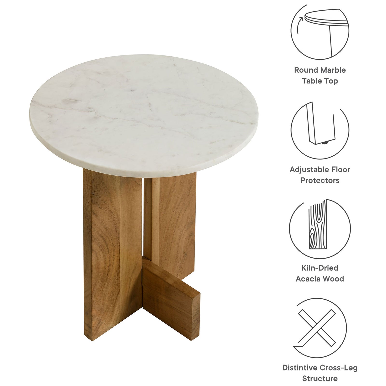 Marble side table with icons calling out round top, acacia wood base, and adjustable floor protectors || EEI-7141-NAT || callout_studio
