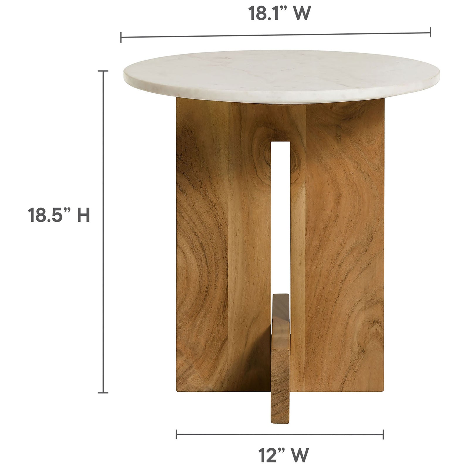 Side table showing height, width, and base measurements for easy size reference || EEI-7141-NAT || dimension_studio