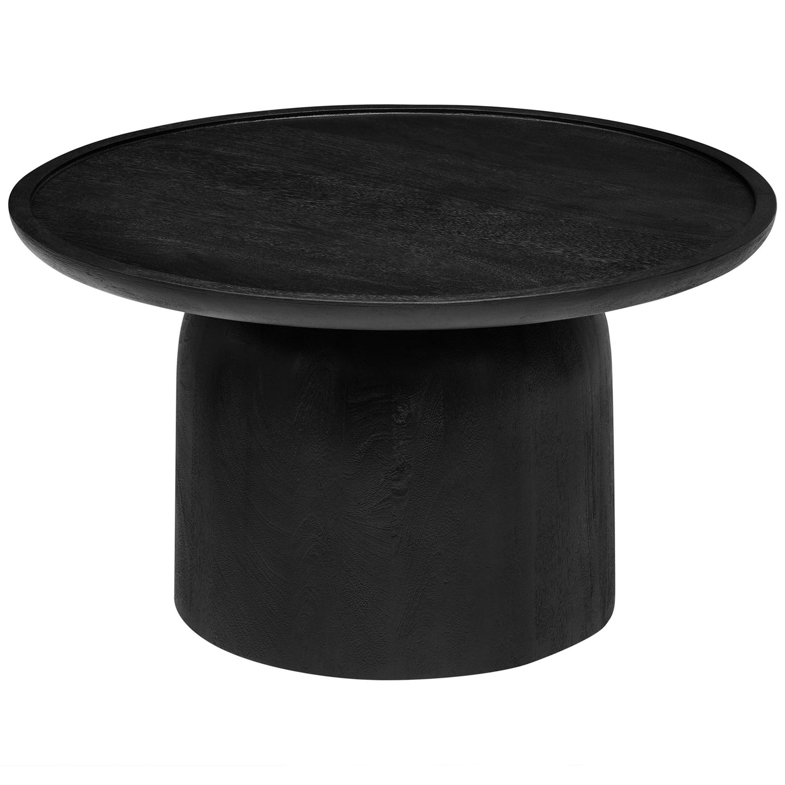 Sculptural round coffee table in black solid mango wood with smooth rim and rounded pedestal base || EEI-7144-BLK || front_angle_studio