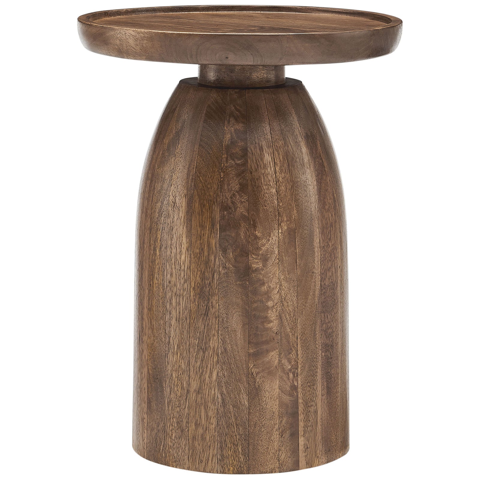 Round walnut mango wood side table with sculpted drum pedestal base || EEI-7145-WAL || front_studio