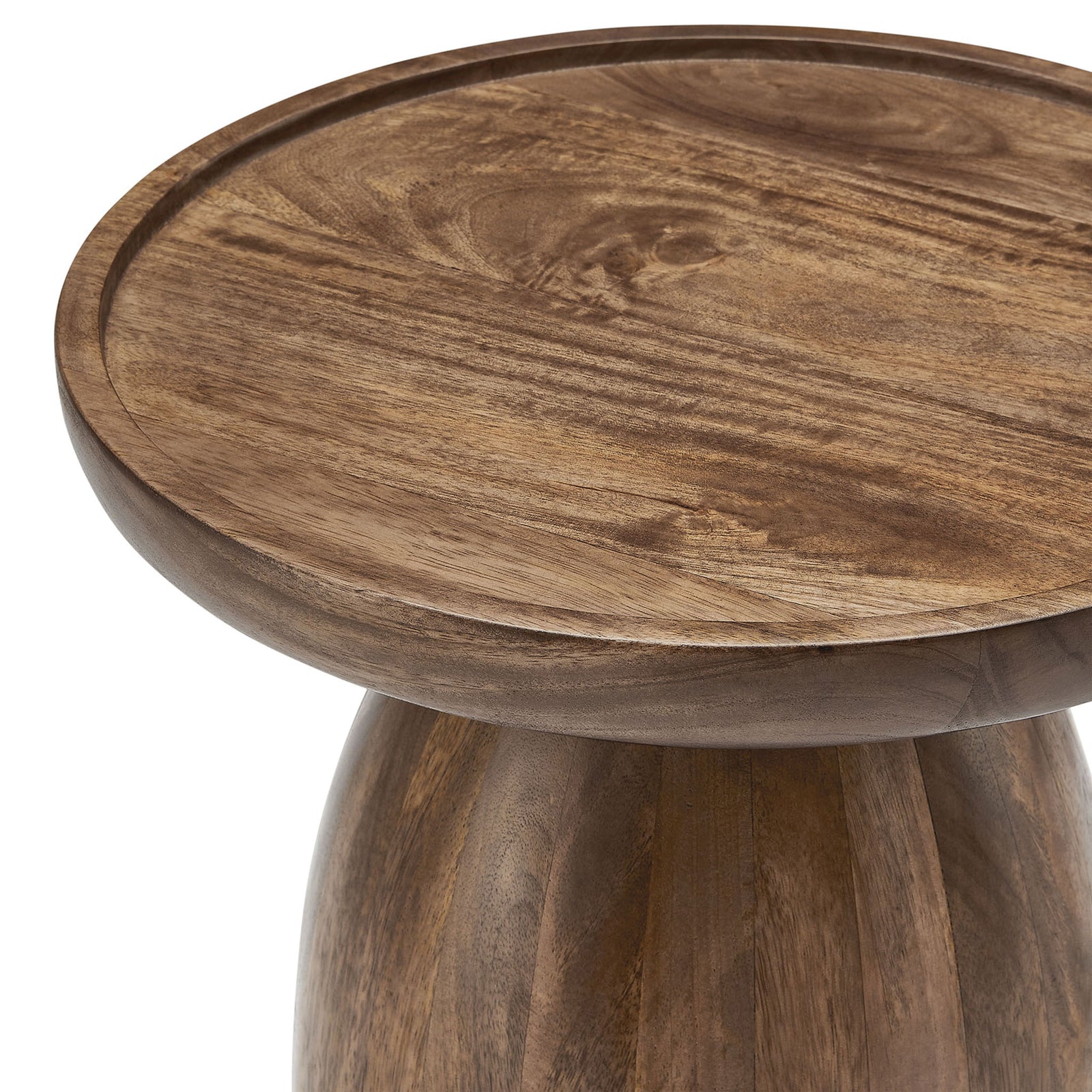 Textured round tabletop showcasing warm walnut mango wood grain and subtle rim || EEI-7145-WAL || detail_studio