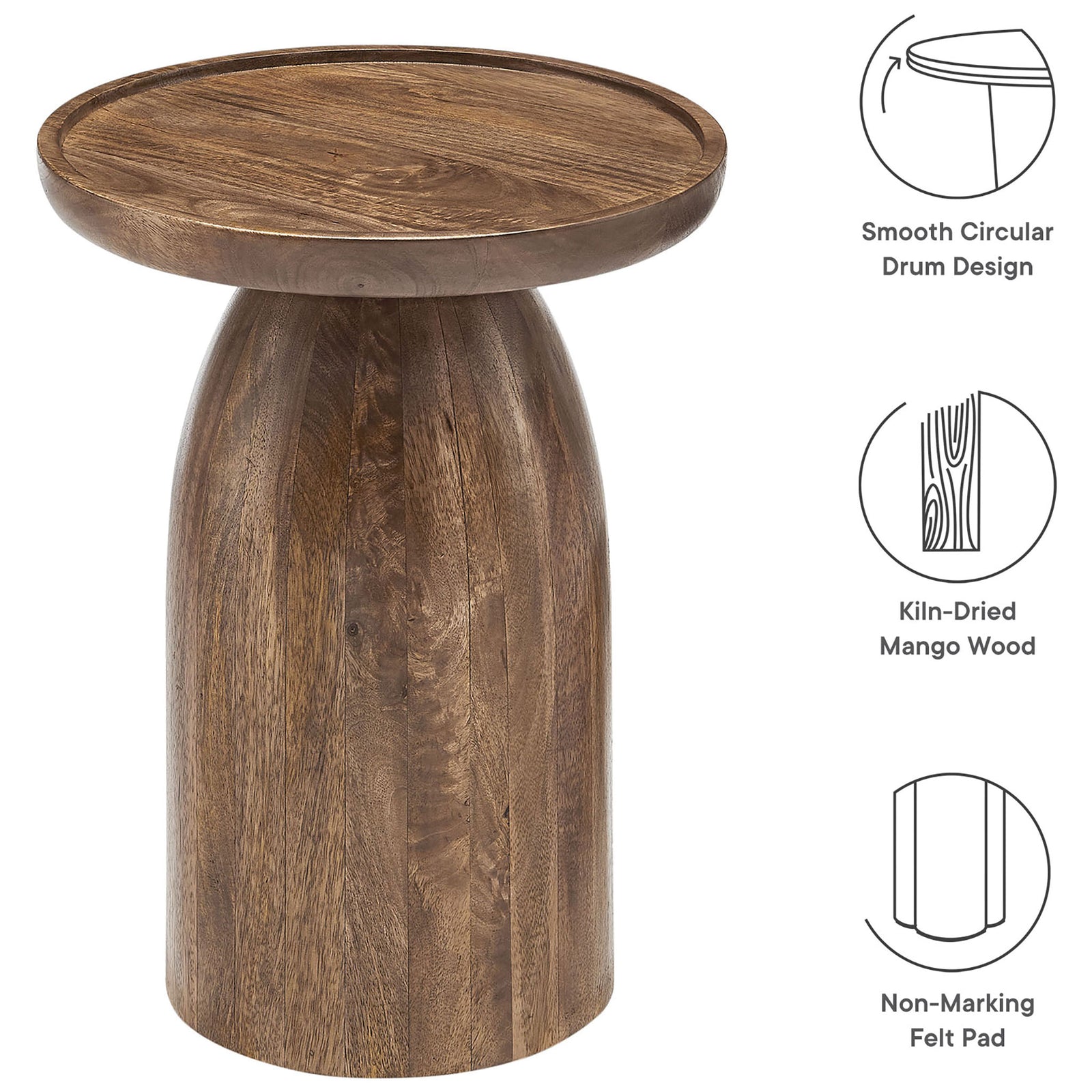 Walnut mango wood side table with circular drum base and icons for featured benefits || EEI-7145-WAL || callout_studio