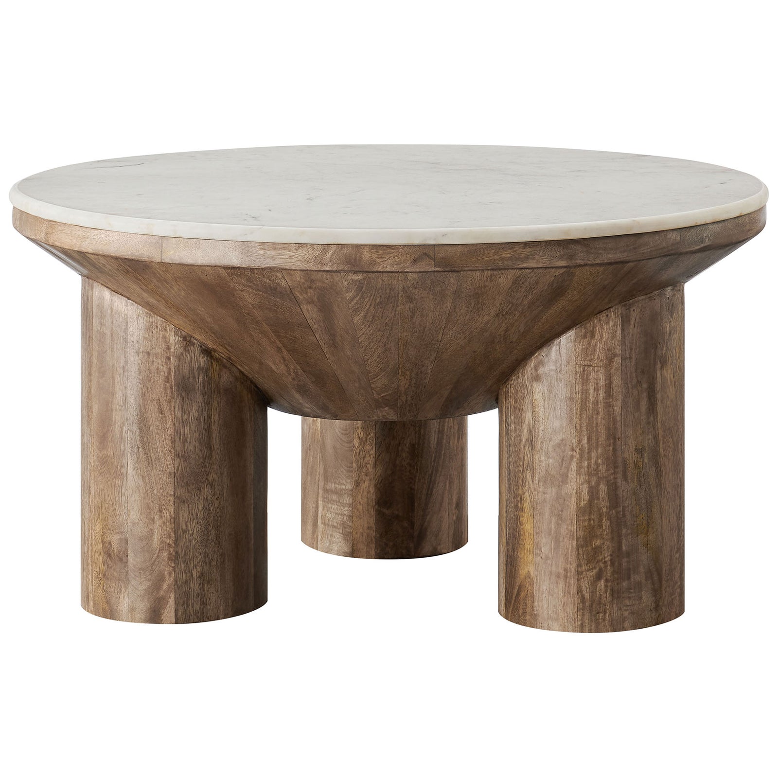 Bold drum silhouette with three cylindrical legs supports a luxe marble tabletop. || EEI-7146-WAL || front_studio