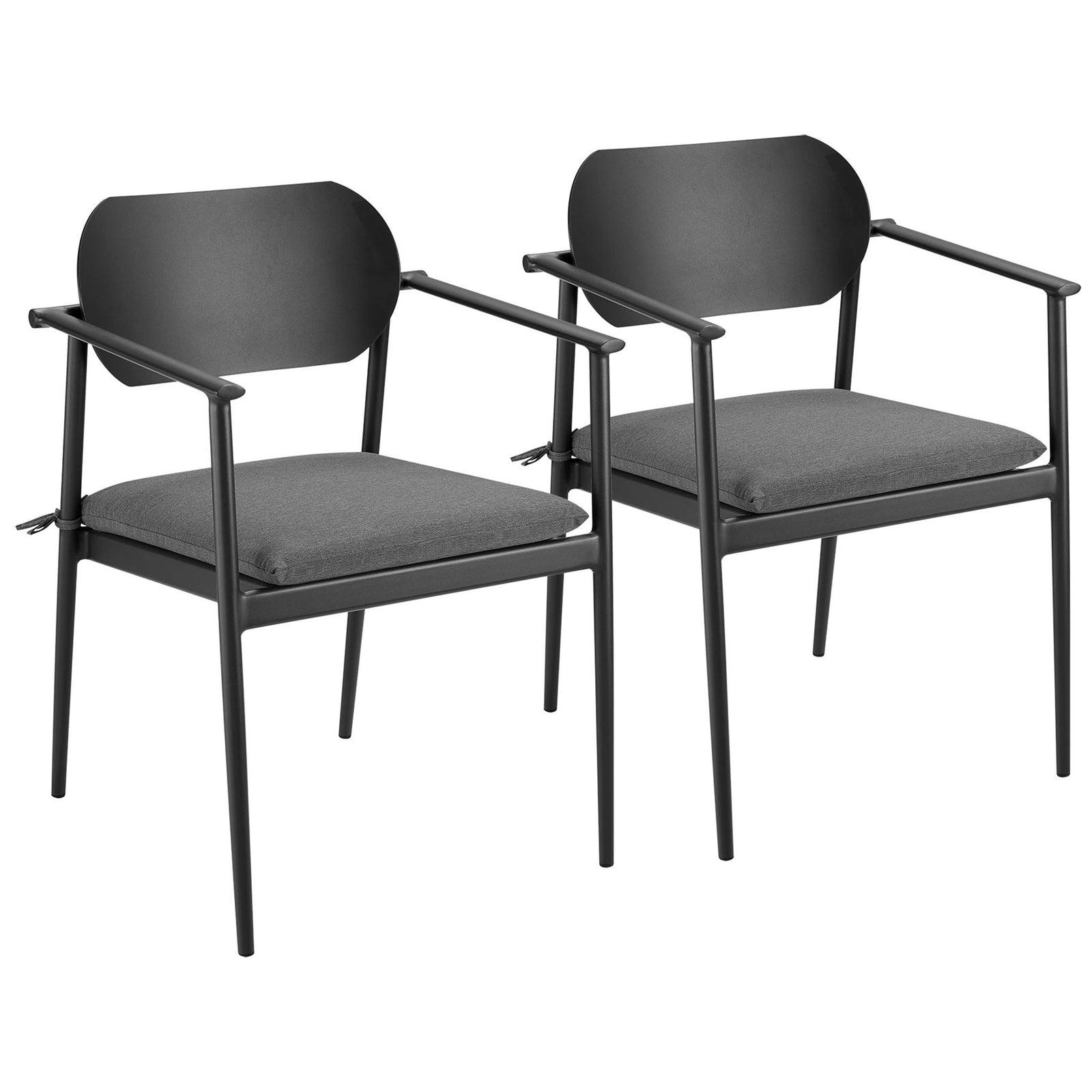 Set of two charcoal aluminum patio armchairs with gray cushions showcasing the modern stackable design || EEI-7148-CHA-CHA || front_angle_multi_studio
