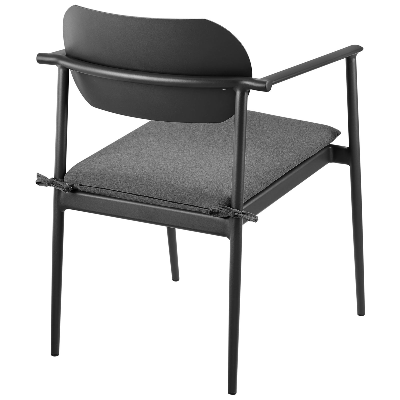 Rear view of charcoal patio armchair highlighting curved backrest and neatly tied seat cushion || EEI-7148-CHA-CHA || back_angle_studio