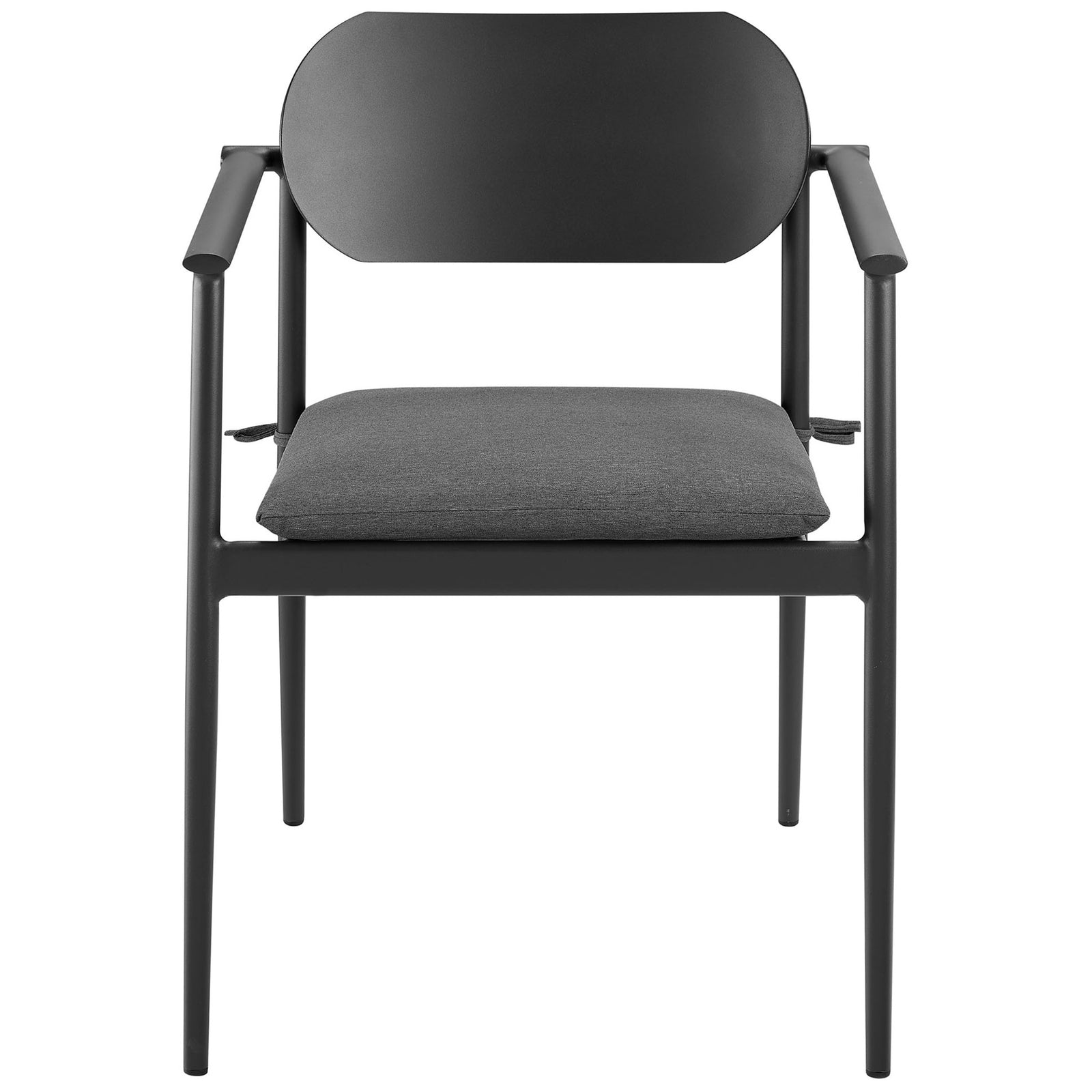 Charcoal aluminum patio dining armchair with oblong backrest and padded gray seat cushion || EEI-7148-CHA-CHA || front_studio