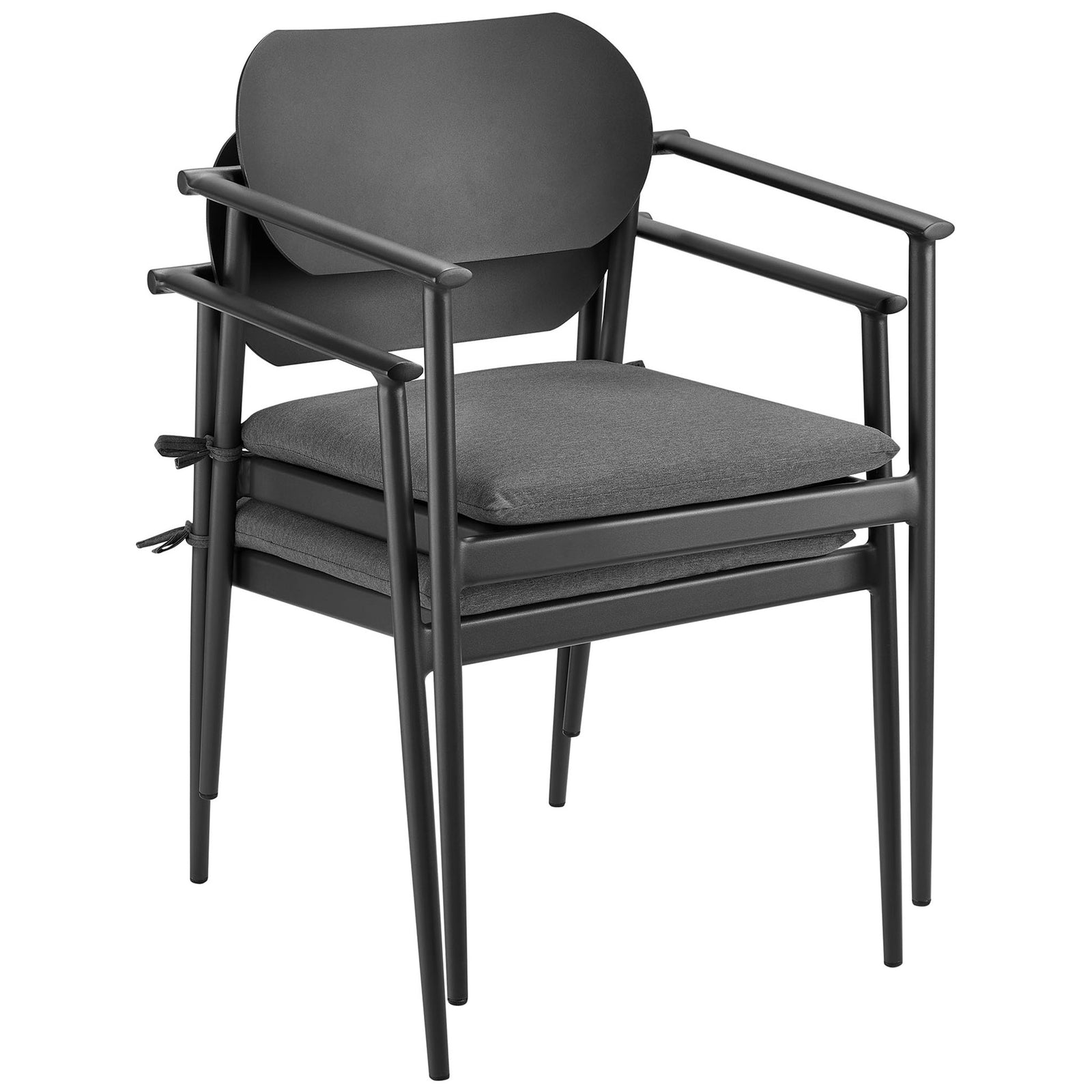 Stacked charcoal aluminum patio armchairs demonstrating space saving, easy to store stackable seating || EEI-7148-CHA-CHA || front_angle_multi_studio