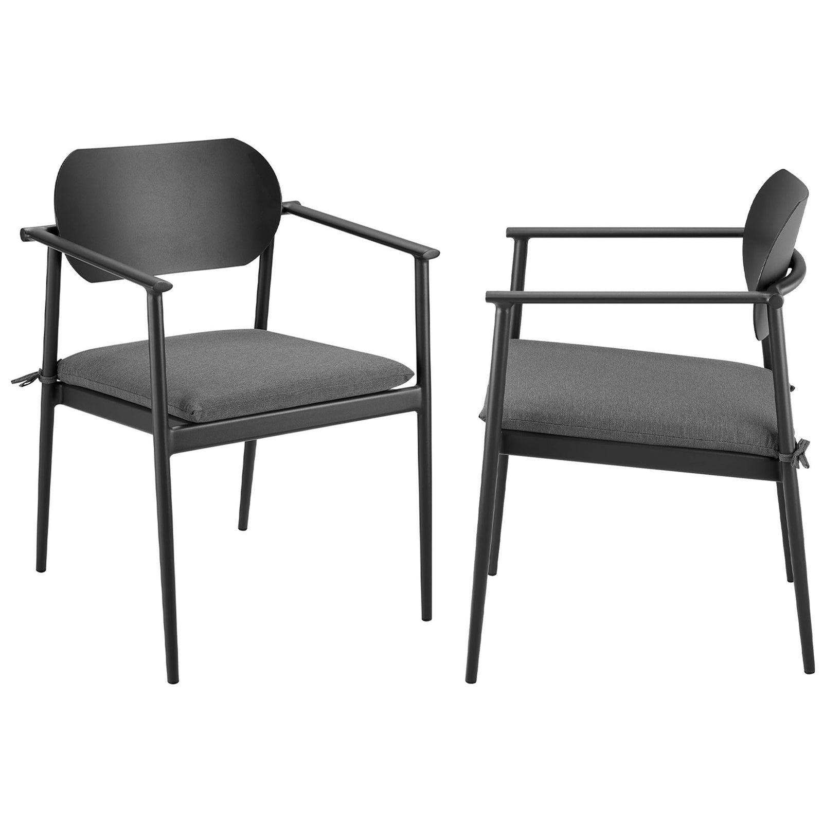 Pair of charcoal patio armchairs shown together to display front and side views with plush cushions || EEI-7148-CHA-CHA || front_angle_multi_studio