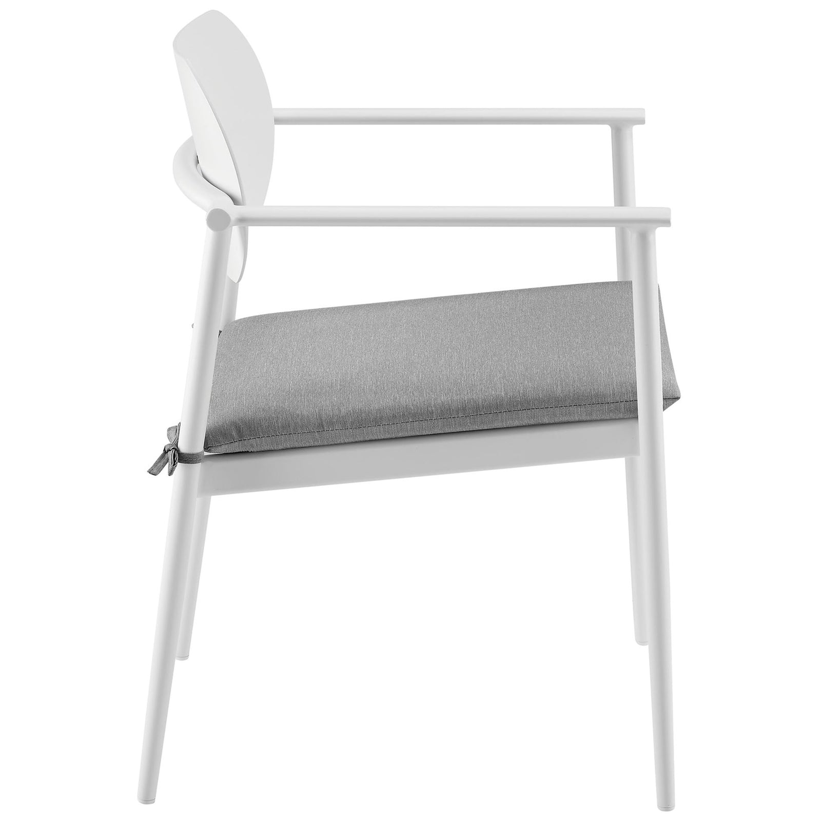 Slim profile side view of white aluminum patio armchair with supportive light gray foam seat cushion || EEI-7148-WHI-LGR || side_studio