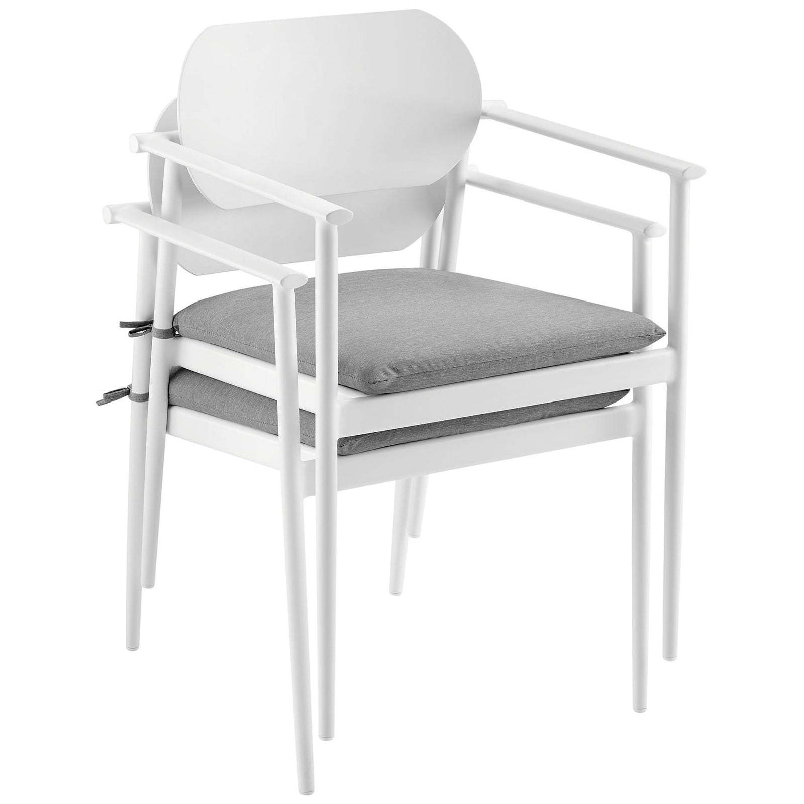 Stacked white aluminum patio armchairs showing space saving, easy to store stackable seating for two || EEI-7148-WHI-LGR || front_angle_multi_studio
