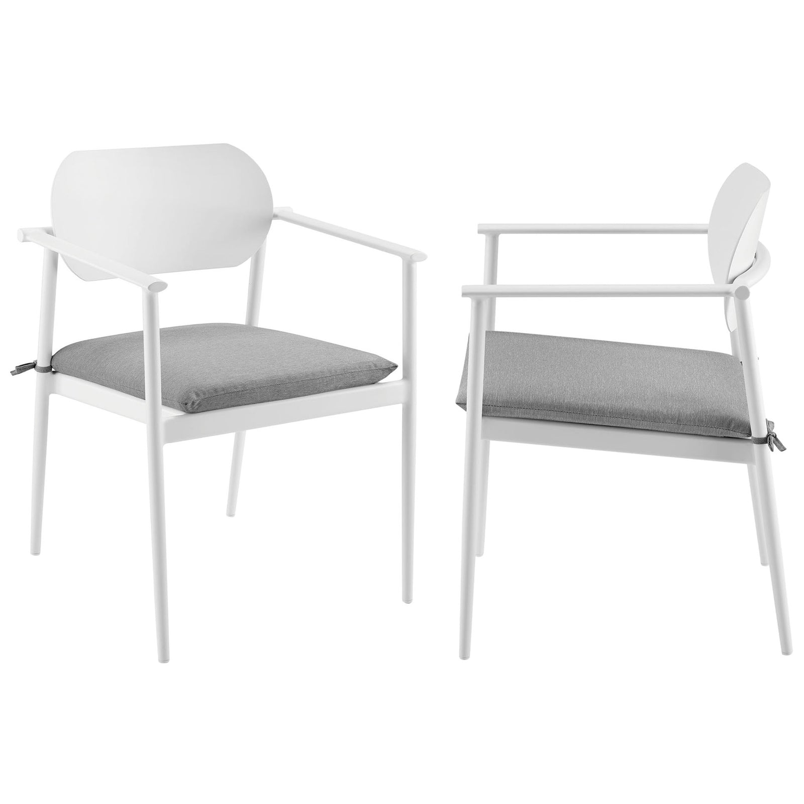 Pair of white patio armchairs shown together to display front and side views with plush gray cushions || EEI-7148-WHI-LGR || front_angle_multi_studio