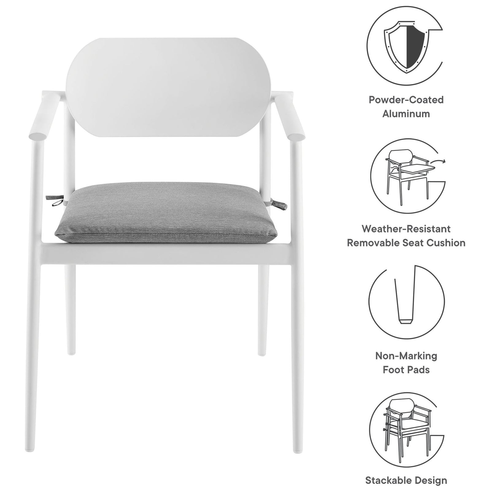Feature overview of white patio armchair with powder coated frame, removable cushion, foot pads, and stackable design || EEI-7148-WHI-LGR || callout_studio