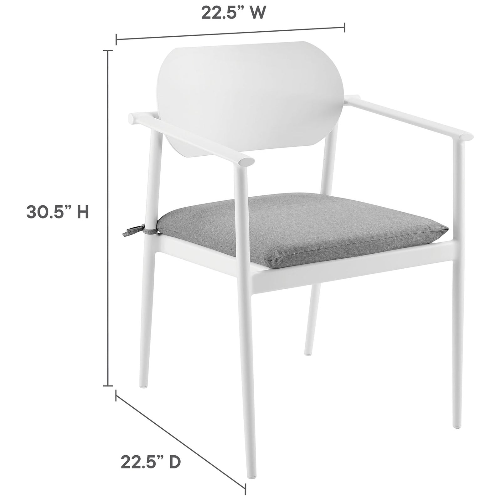 Dimension diagram of white patio armchair showing overall width, depth, and height for easy planning || EEI-7148-WHI-LGR || dimension_studio