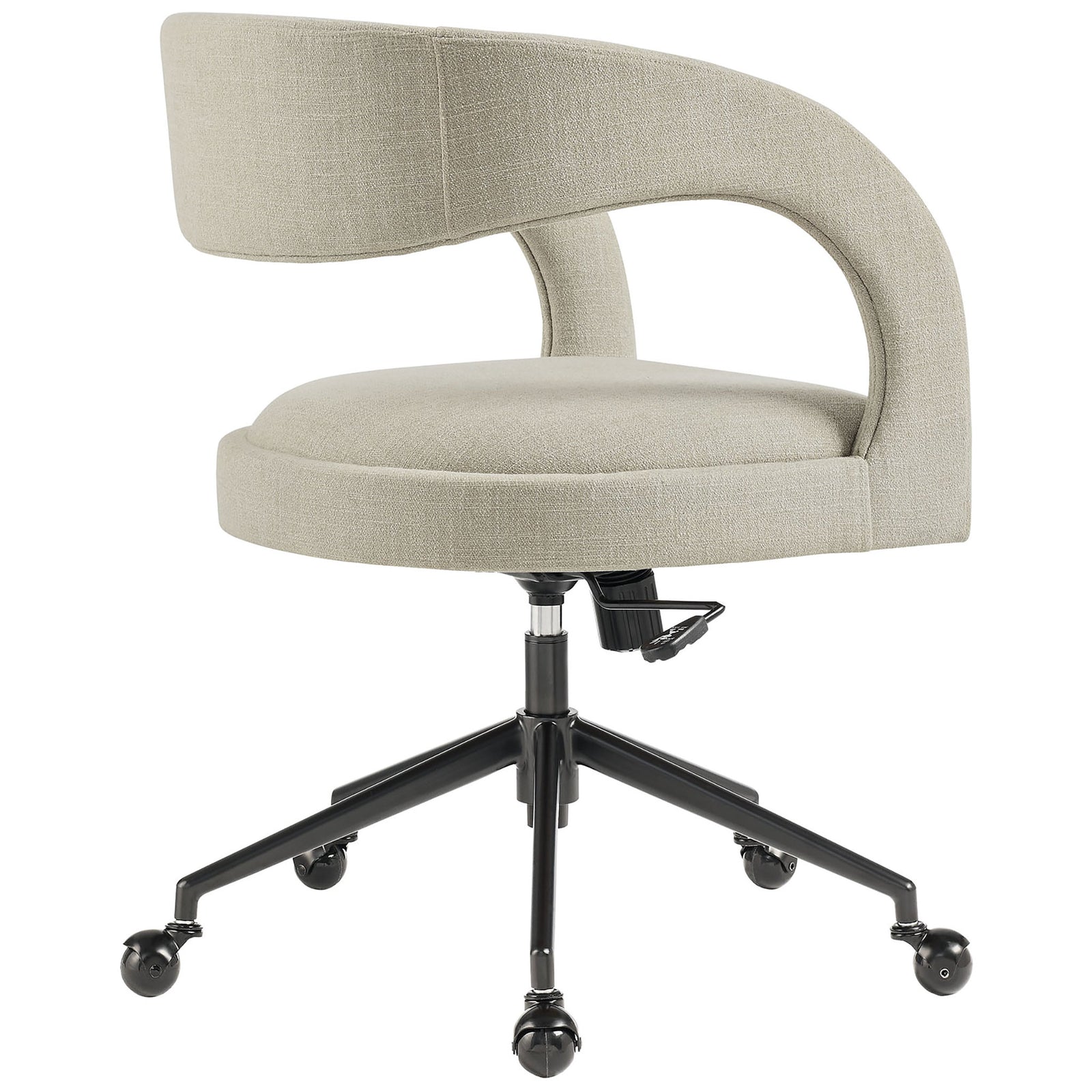 Open-back linen desk chair highlighting the wraparound backrest and sleek black metal base || EEI-7149-LIN || back_angle_studio