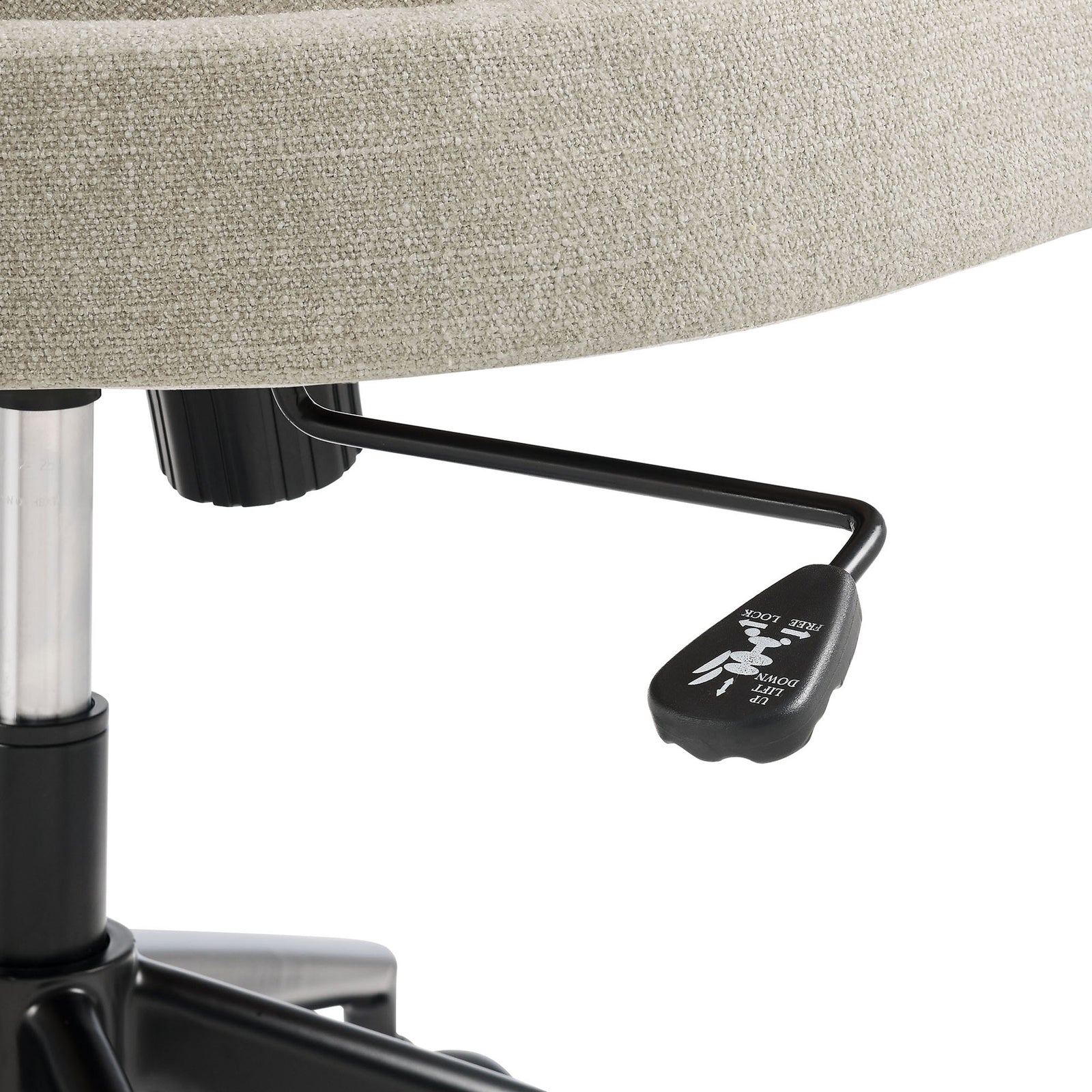 Height adjustment lever and tilt control beneath the linen seat of the Pinnacle office chair || EEI-7149-LIN || handle_studio