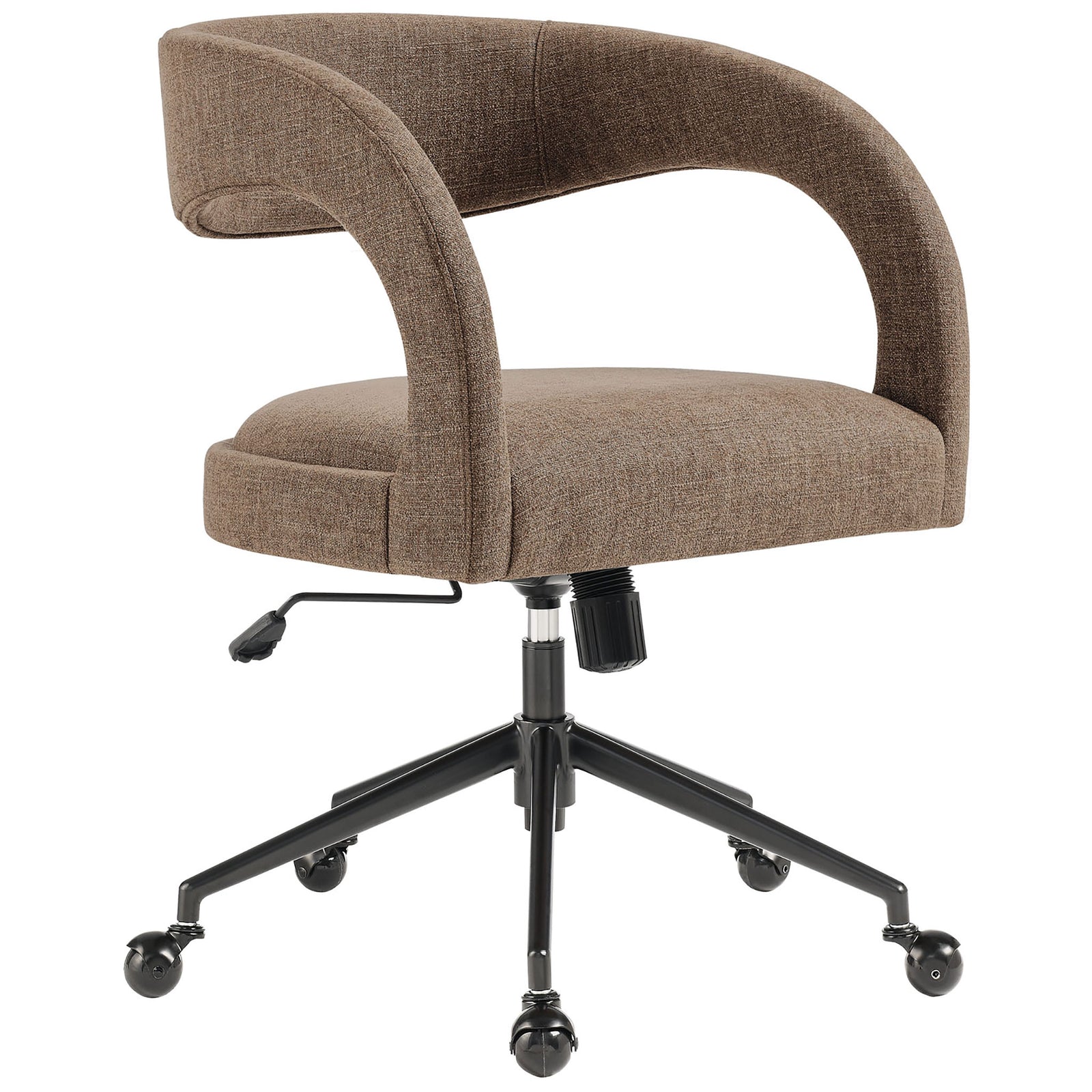 Mocha barrel back office chair with open sides, plush seat cushion, and black rollerball base || EEI-7149-MOC || front_angle_studio