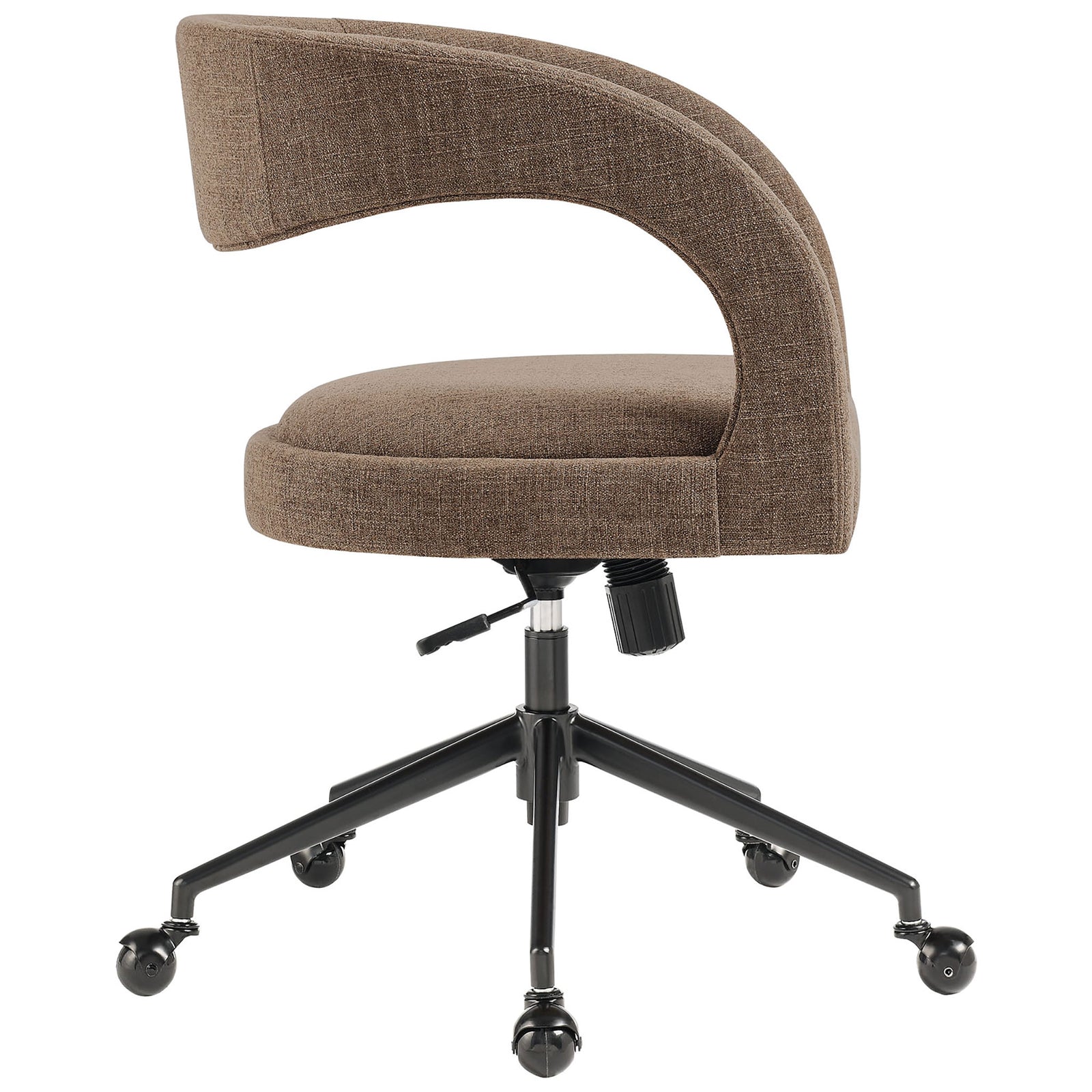 Mocha upholstered office chair with gracefully curved wraparound backrest and slim black metal base || EEI-7149-MOC || side_studio