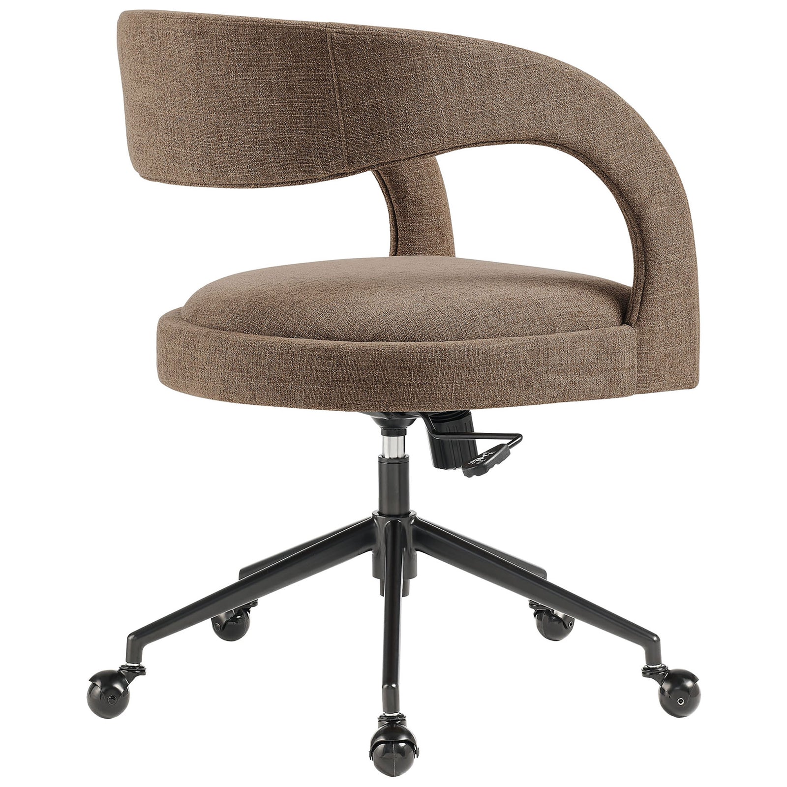 Mocha barrel-style office chair showcasing the smooth curved backrest and textured slub weave upholstery || EEI-7149-MOC || back_angle_studio