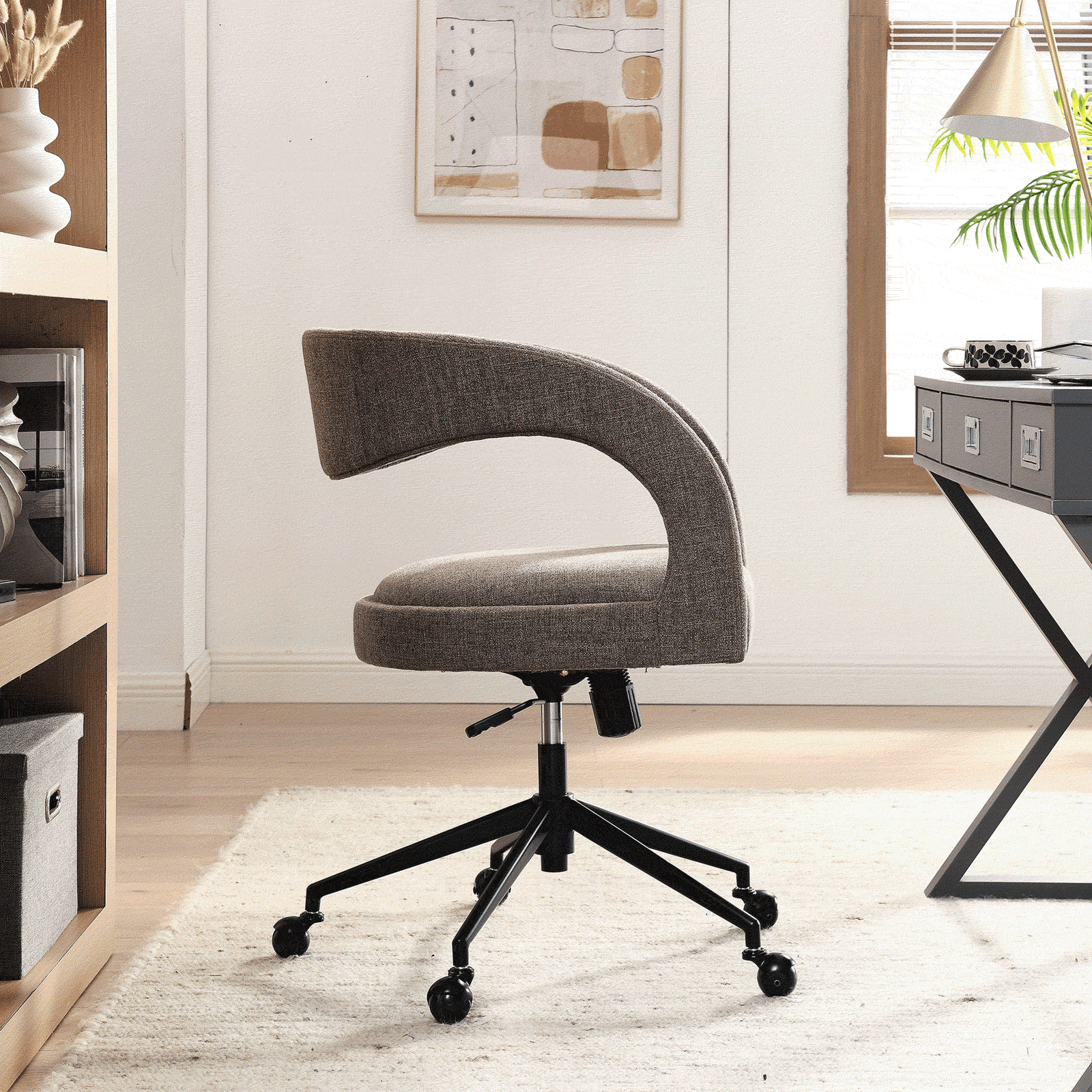 Mocha office chair on rollerball casters paired with a contemporary desk in a cozy home workspace || EEI-7149-MOC || side_room