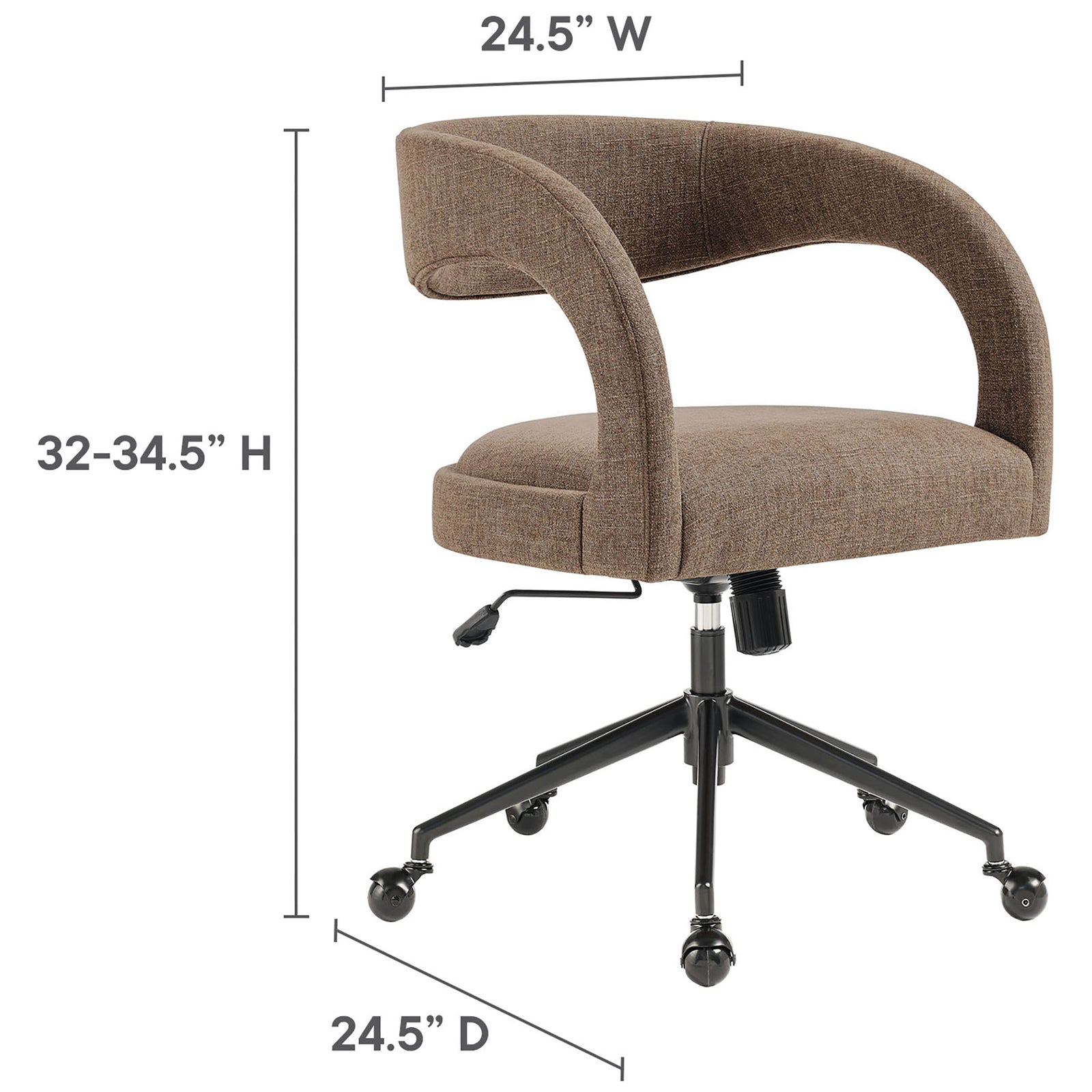 Dimensions for the mocha office chair showing compact footprint and adjustable seat height range || EEI-7149-MOC || dimension_studio