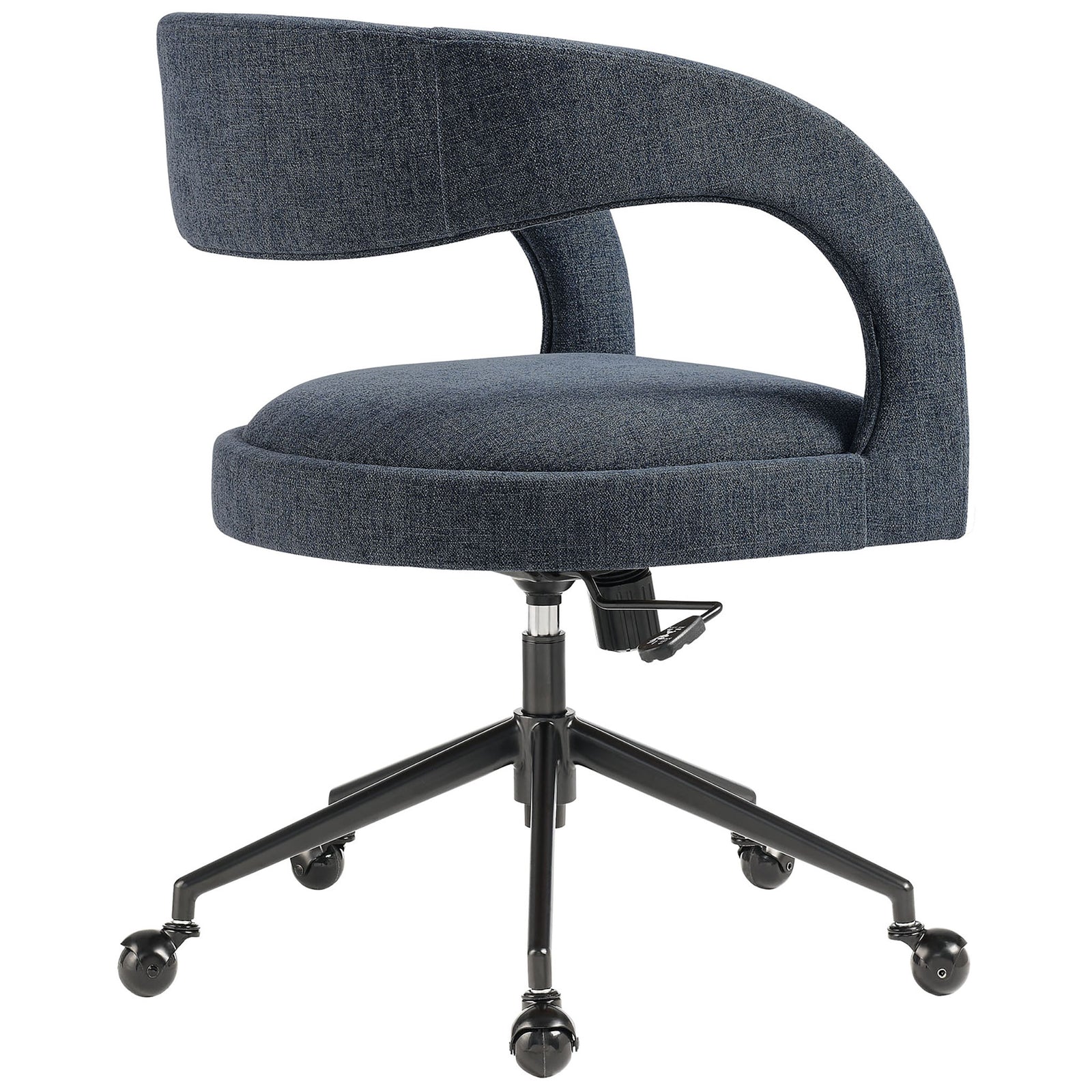 Rear angle of upholstered office chair showcasing wraparound back and textured slate blue fabric. || EEI-7149-SLB || back_angle_studio
