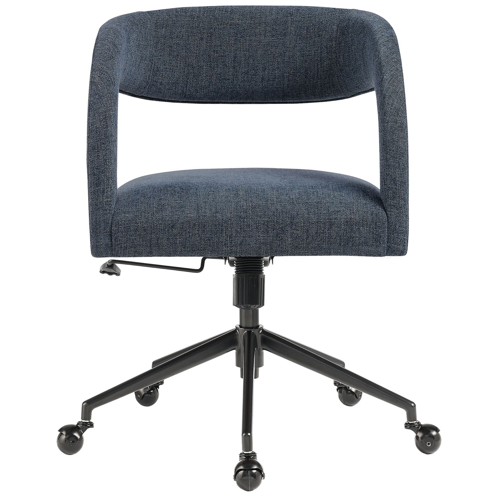 Front view of modern slate blue upholstered office chair with open lower back for airy comfort. || EEI-7149-SLB || front_studio