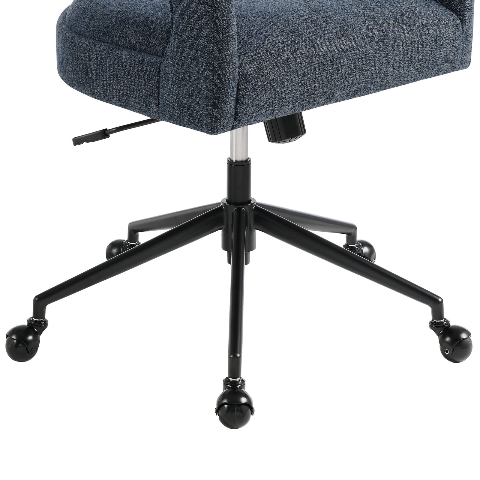 Close-up of black powder-coated five-star base with smooth rollerball casters for easy movement. || EEI-7149-SLB || leg_studio