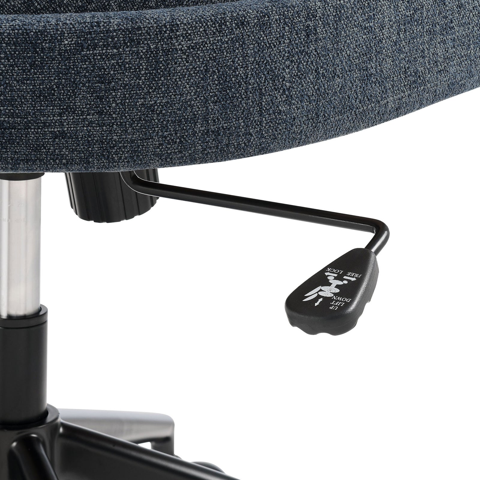 Detail of height and tilt control lever beneath the seat for customized seating comfort. || EEI-7149-SLB || detail_studio